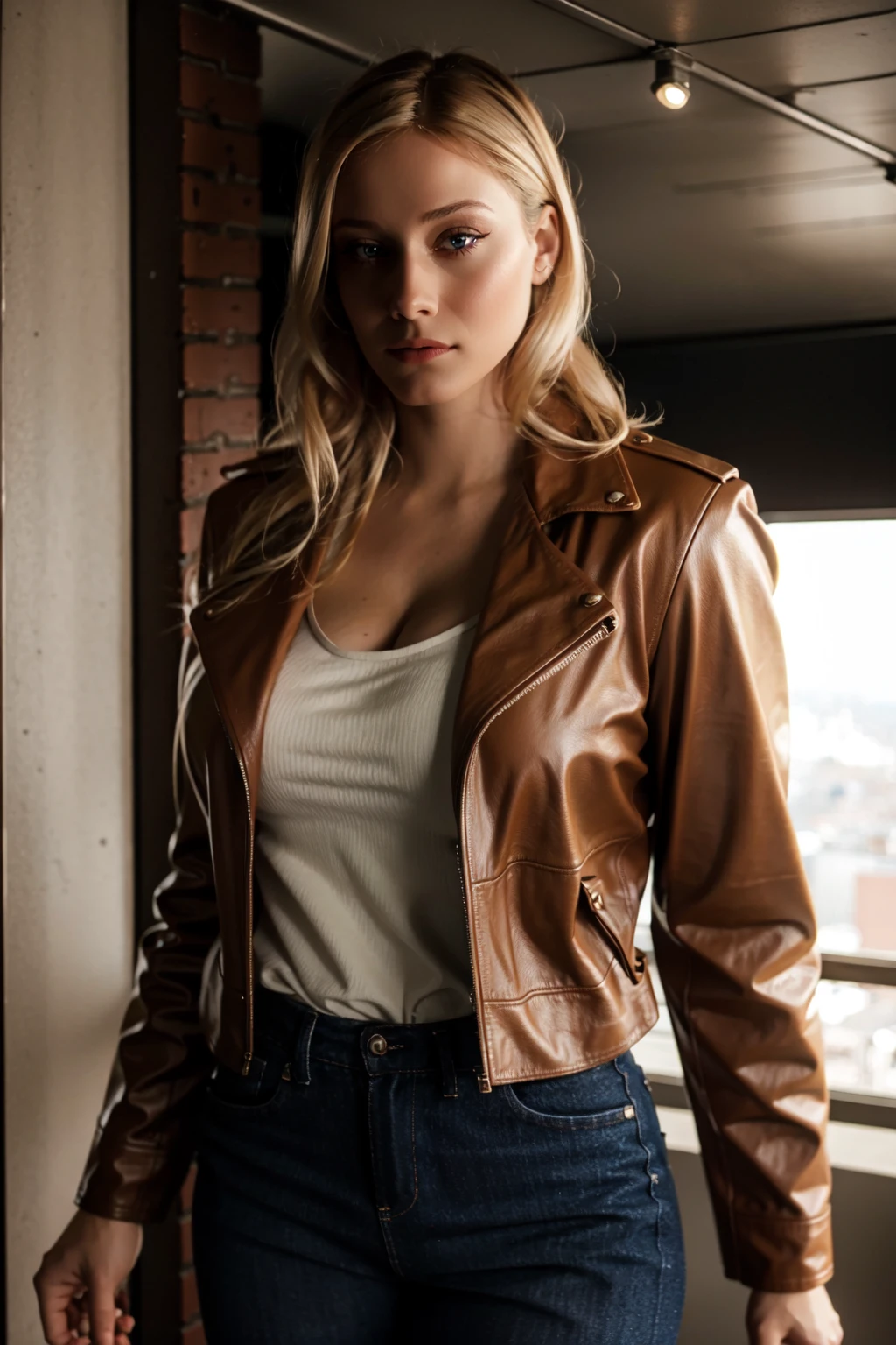 <lora:mondongo_LoRA_OliviaTaylorDudley_v2:1> mndngwmn, blond hair, wearing a leather jacket, jeans, on a city downtown, daytime, (ultra realistic, 8k,high quality), above the waist photo