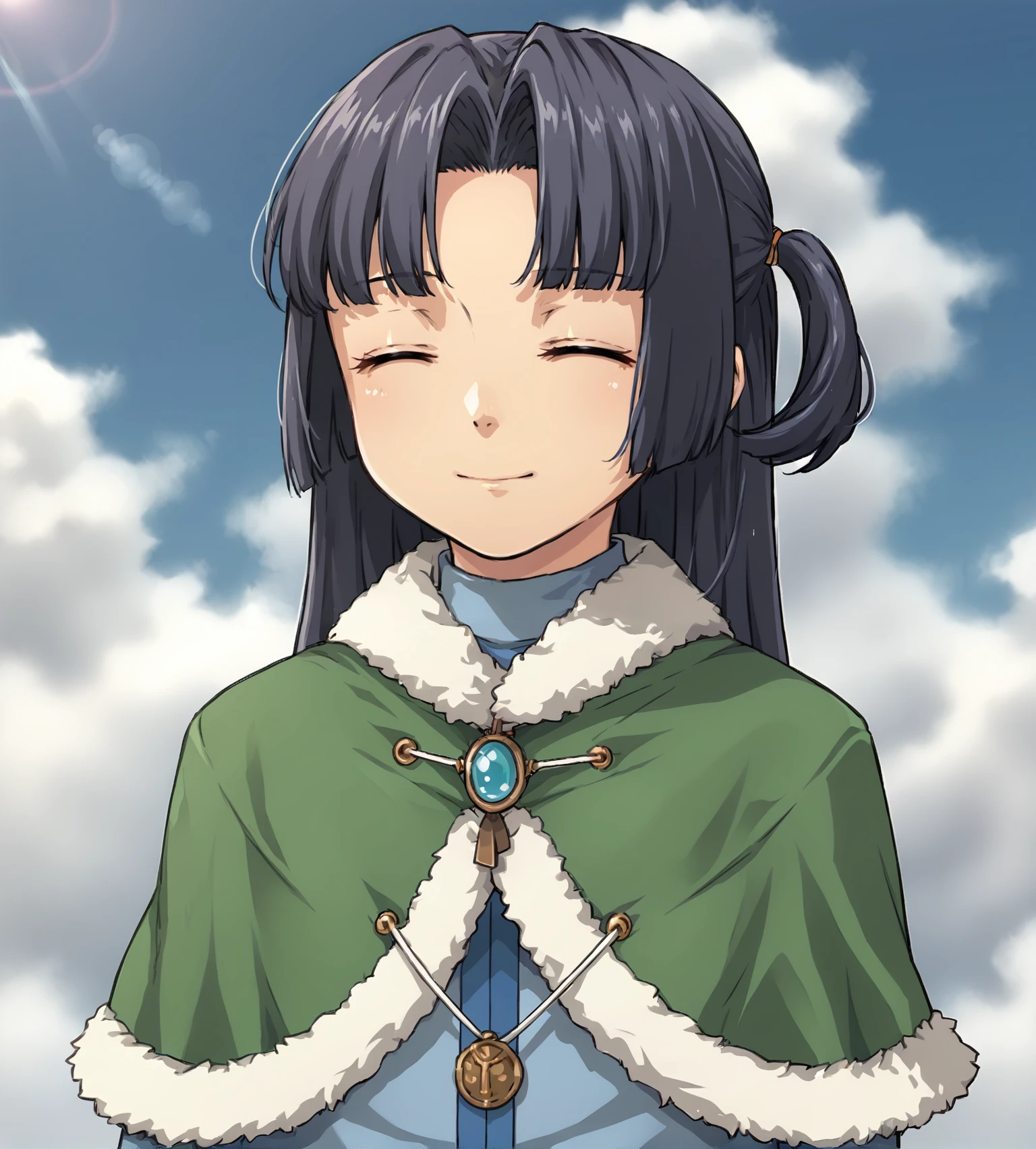score_9, score_8_up, score_7_up, score_6_up, score_5_up, score_4_up, BREAK,
source_anime, rating_safe
<lora:TrailsFromZeroToAzure:0.9>, Shizuku MacLaine, long hair, black hair, parted bangs, half updo, eyes closed, hair ribbon, blue shirt, frills, fur-trimmed green skirt, fur-trimmed green capelet, black pantyhose, brown shoes
looking at viewer, smile, upper body, portrait,
1girl, outdoors, sky, clouds, distant mountains,