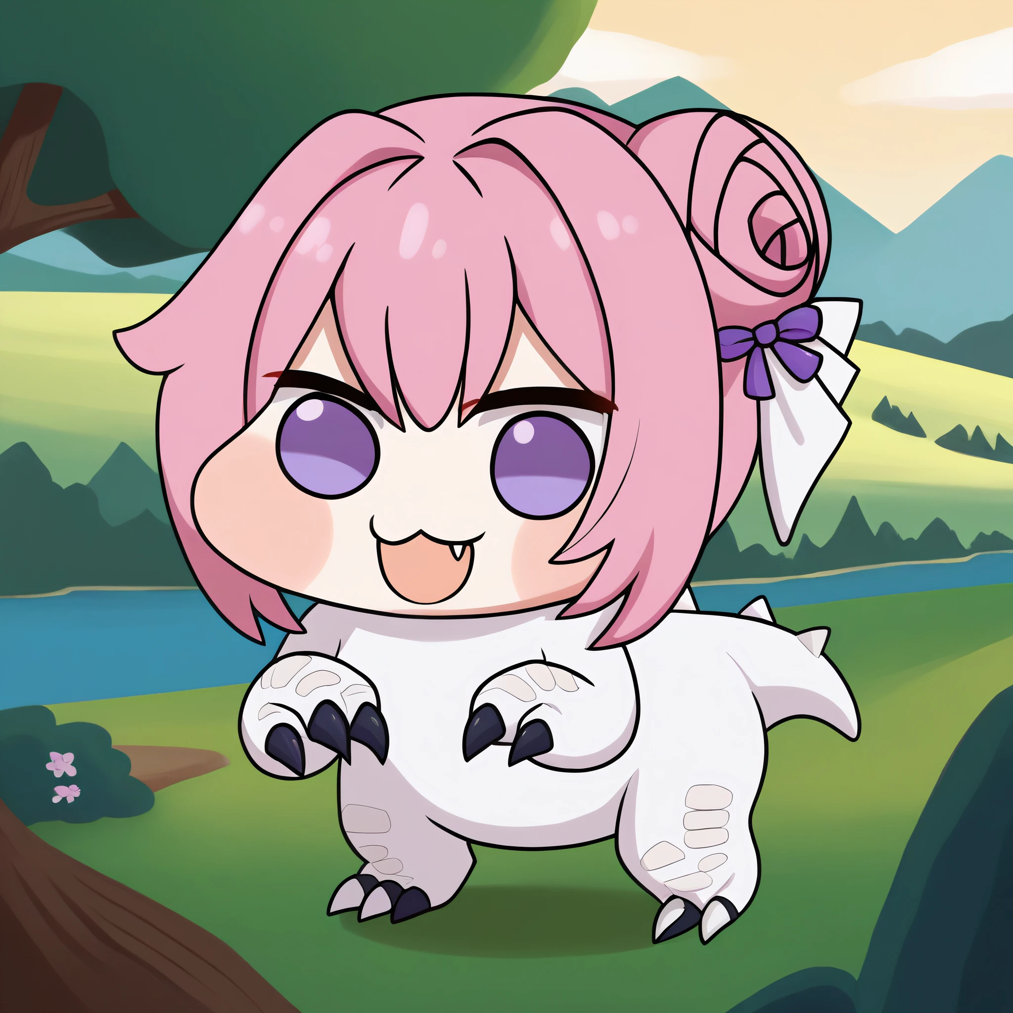 <lora:Doro_X_PDXL_V1:0.9> doro, creature, :3, chibi, no humans, pink hair, purple eyes, hair bun, hair bow, scenery, fantasy landscape, white skin, giant creature, tyrannosaurus rex, fang, standing, claws