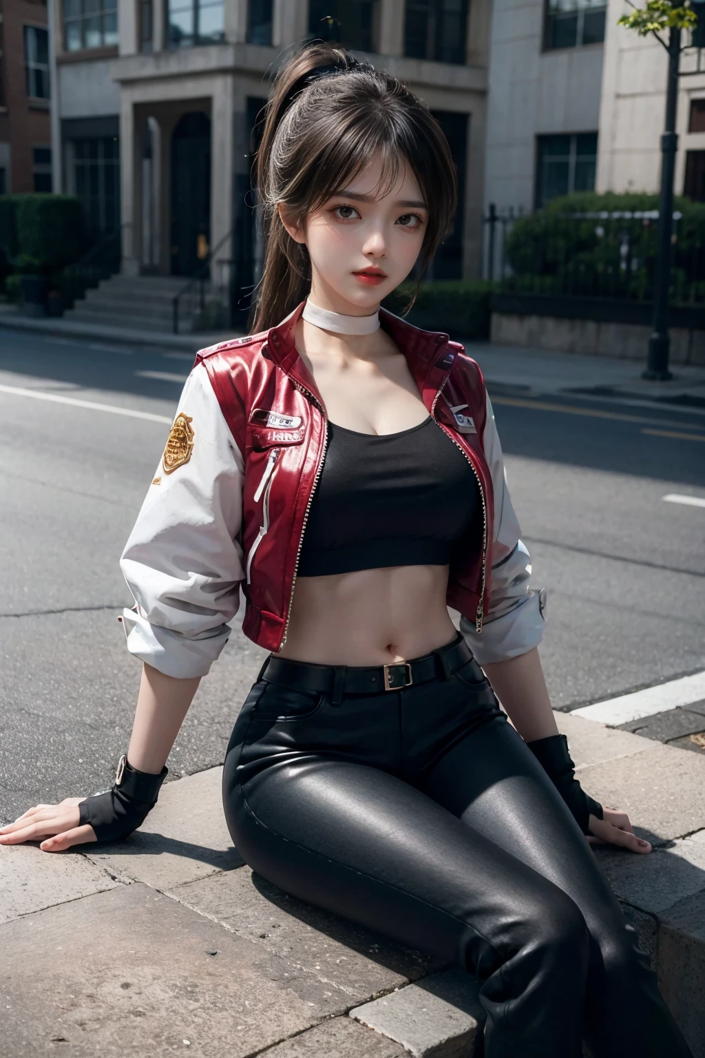 baiyuekui,solo,outdoors,city,street,
((white choker,white sleeves)),ponytail,fingerless gloves,(black crop top),pants,black pants,belt,red jacket,short jacket,
long legs,slim legs,large breasts,wasp waist,narrow waist,wide hips,pose,
(realistic,photorealistic:1.4)(masterpiece,best quality,ultra detailed,highres,absurdres:1.2),
<lora:neg4all_bdsqlsz_V3.5:1>,<lora:ybaiyuekui_SD15_V5:0.6>,