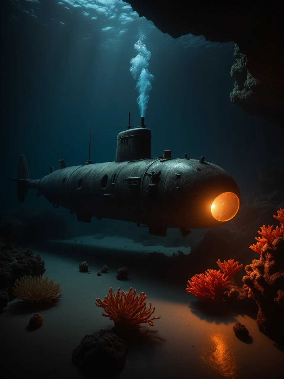cinematic realism film scene still of a realistic, cinematic film still of deepocean, underwater floating haunted uboot submarine, dim glowing, infernal ghastly( blue fire of bubbles:1.2) from within, <lora:Terror_From_The_Deep0.85>, marine life, coral reef, red orange theme, flyweight, hdr, wide angle, night , vignette, highly detailed, key visual, hdr, beefy, simple background, by, form, cold orange green red theme, . assiduous, style of, expression, Mise-en-scene, Chiaroscuro, Strong Light and Shadow, Dramatic Contrast, a hilarious scene, unforeseen consequences, photography . 35mm f1.8 Macro, chiaroscuro, shallow depth of field, vignette, Mise-en-scene, detailed, cinemascope, moody, epic scene, best rendered work, 35mm, pristine movie