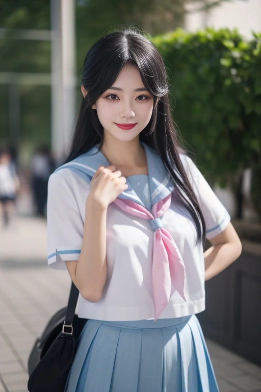 ltra-detailed,highly detailed,best quality,masterpiece,illustration,realistic,photorealistic,
1girl, solo, cosplay,
kitauji high school uniform,
looking at viewer, smile, standing, upper body,
<lora:kitauji high school uniform_v2_02:0.9>
