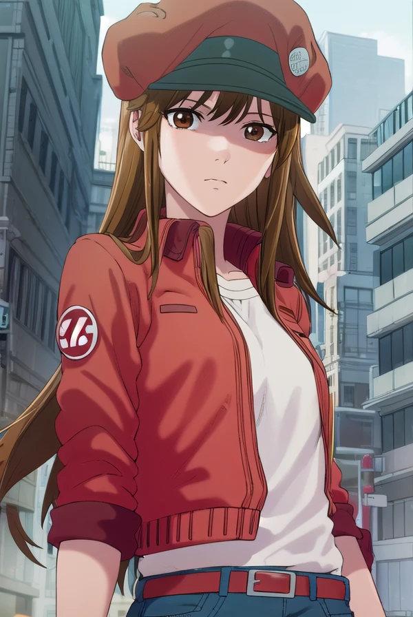 redbloodcellaa5100, <lora:red blood cell aa5100 s1-lora-nochekaiser:1>,
red blood cell aa5100, long hair, brown hair, (brown eyes:1.5),
BREAK shirt, gloves, hat, jacket, belt, pants, white gloves, black shirt, denim, red headwear, red jacket, jeans, cabbie hat,
BREAK outdoors,
BREAK looking at viewer, (cowboy shot:1.5),
BREAK <lyco:GoodHands-beta2:1>, (masterpiece:1.2), best quality, high resolution, unity 8k wallpaper, (illustration:0.8), (beautiful detailed eyes:1.6), extremely detailed face, perfect lighting, extremely detailed CG, (perfect hands, perfect anatomy),