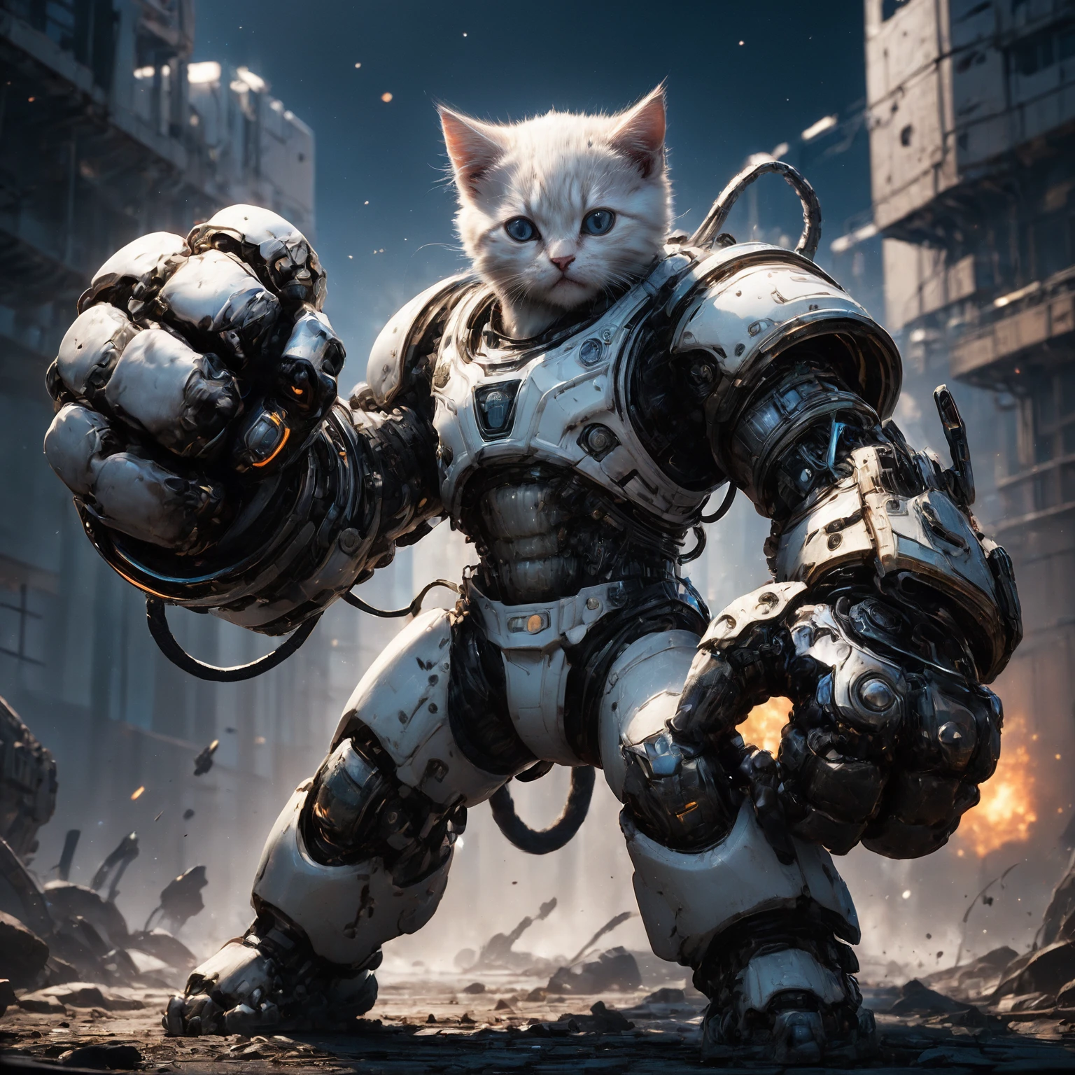 amazing quality, masterpiece, best quality, hyper detailed, ultra detailed, UHD, HDR, DOF, depth of field, perfect anatomy, sci-fi,
kitten, (white:1.2) giant mechanical arms, fighting stance, fist, hand up,
glowing, shine, dazzling,
<lora:cfc-giant-mechanical-arms:0.75>,
<lora:add-detail-xl:0.85>, 
<lora:EnvyBetterHiresFixXL01:1.0>, 
<lora:extremely_detailed:1.0>, extremely detailed,