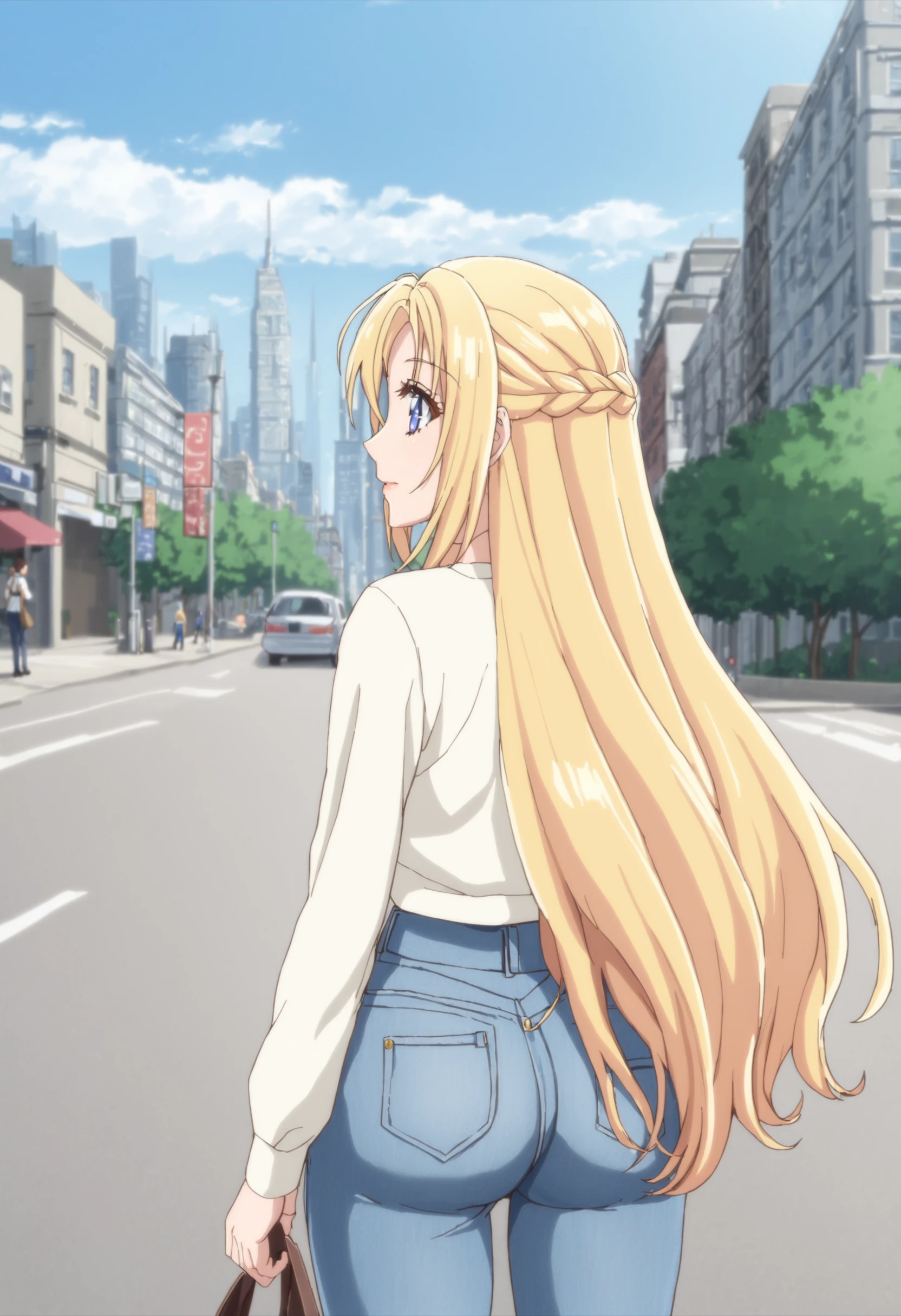 sysdeep_drelise 1girl, solo, long_hair, blue_eyes, blonde_hair, white_top, blue_jeans, outdoor, city, street, looking_behind, ass,  <lora:Elise de Clorance - [Doctor Elise - The Royal Lady with the Lamp] - XL Version 1:1>