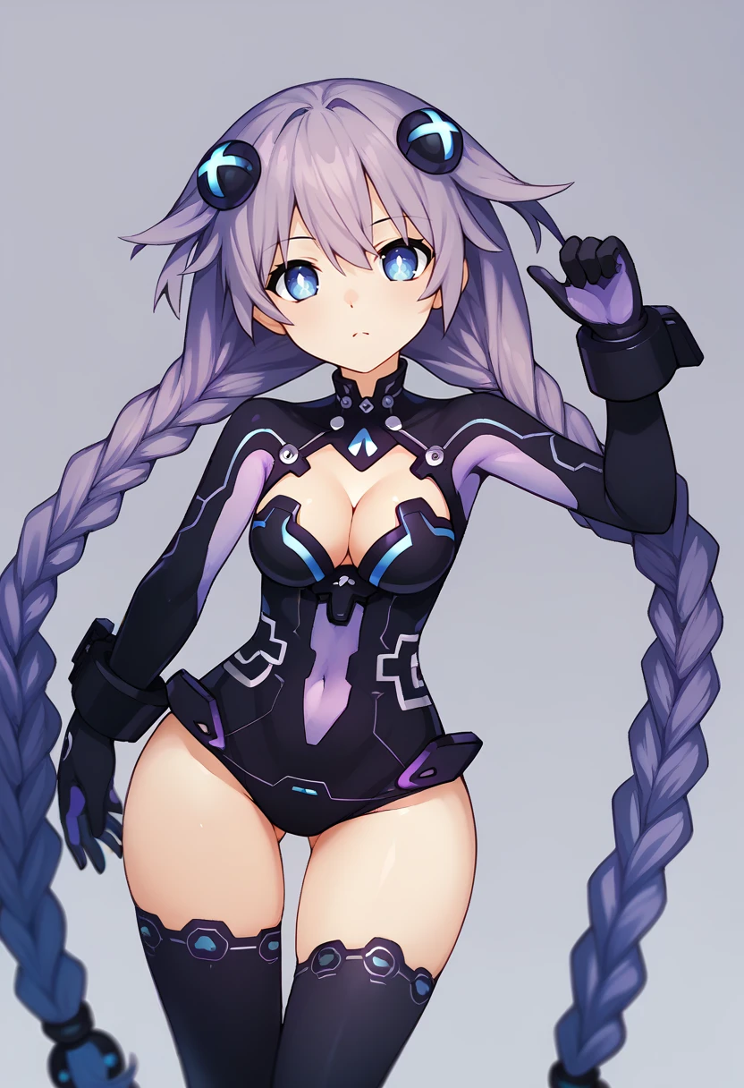 score_9, score_8_up, score_7_up, source_anime BREAK 1girl, solo, <lora:purpleheart-hdn-richy-v1_pdxl:1> prplhrtdef, twin braids, hair ornament, leotard, cleavage cutout, thighhighs, gloves, <lora:ett-artist-richy-v1_pdxl:0.8> thigh gap, wide hips