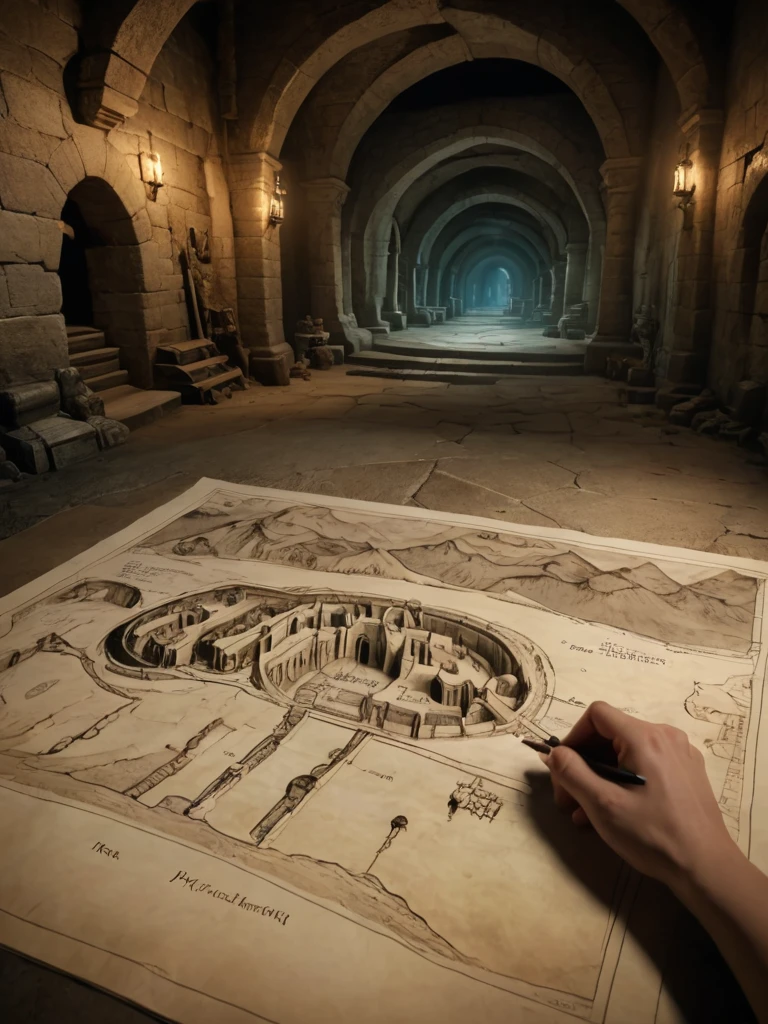 first person perspective looking at a diagram of a fantasy dungeon, traditional media, fantasy parchment, held, hands, anime screengrab, csu, cross-section, from the side, underground, burrow, fantasy landscape, national geographic, best quality, masterpiece,