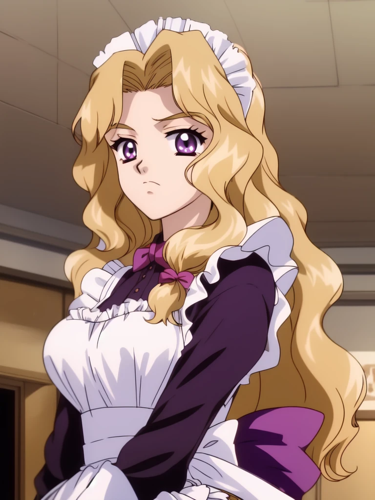 <lora:Shindou_Reiko:0.9>,ShindouReiko, 1girl, solo, long hair, from below, maid, blonde hair, purple eyes, indoors, apron, long sleeves, frills, breasts, looking at viewer, ceiling, maid headdress, upper body, wavy hair, brown hair, frown,
masterpiece, high quality, very_high_resolution, large_filesize, full color, animation, anime style,