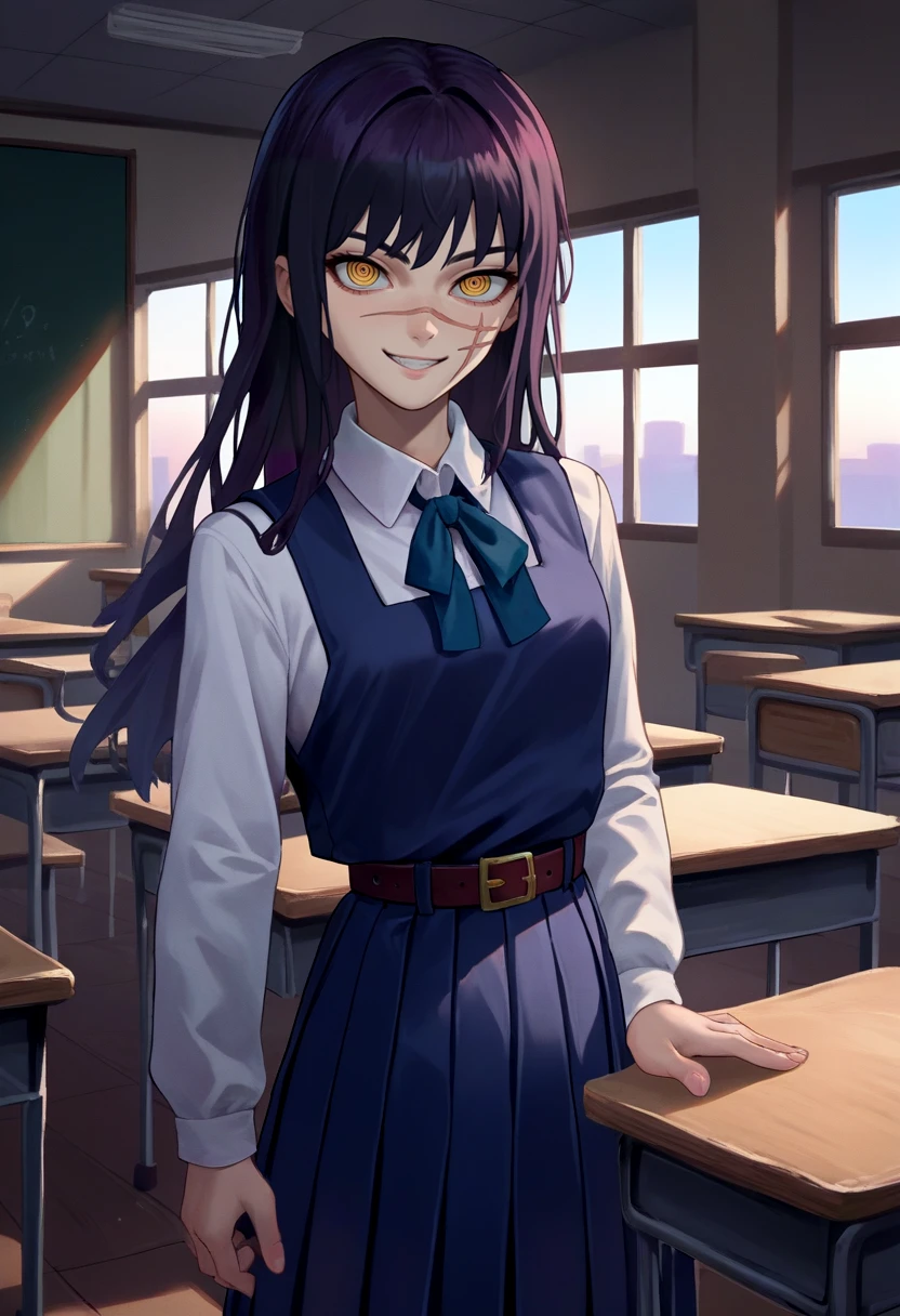 score_9, score_8_up, score_7_up, source_anime, solo, 1girl, csmyoru, scar on face, evil smile, looking at viewer, standing, yellow eyes, ringed eyes, school uniform, pinafore dress, white shirt, ribbon, long sleeves, belt, indoors, classroom <lora:csm_yoru_ponyXL:1>