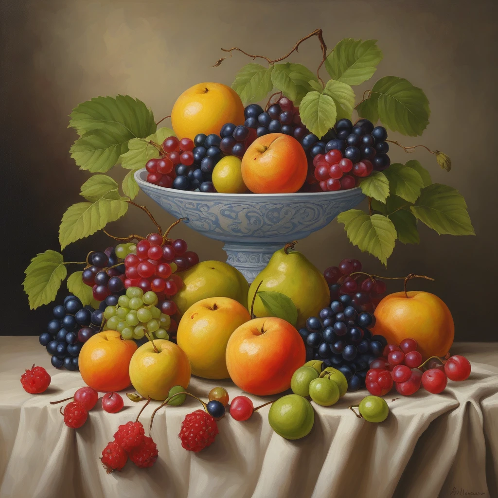 An oil painting of fruit in the style of a great master.