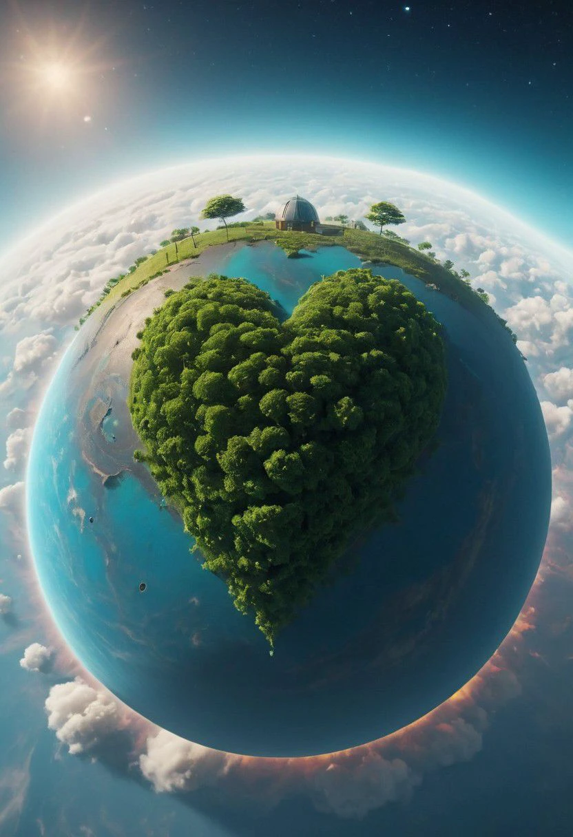 a small colorful heart shaped planet floating in blue sky with a large mystical tree on it piercing the clouds above the floating planet,
,very detailed, raw photo, photorealistic, high detailed texture, 8k uhd, dslr, soft lighting, high quality, film grain, Fujifilm XT3, highly detailed photography, atmospheric haze, Film grain, cinematic film still, shallow depth of field, highly detailed, high budget, cinemascope, moody, epic, OverallDetail, gorgeous, 2000s vintage RAW photo, photorealistic, candid camera, color graded cinematic, eye catchlights, atmospheric lighting, skin pores, imperfections, natural, shallow dof