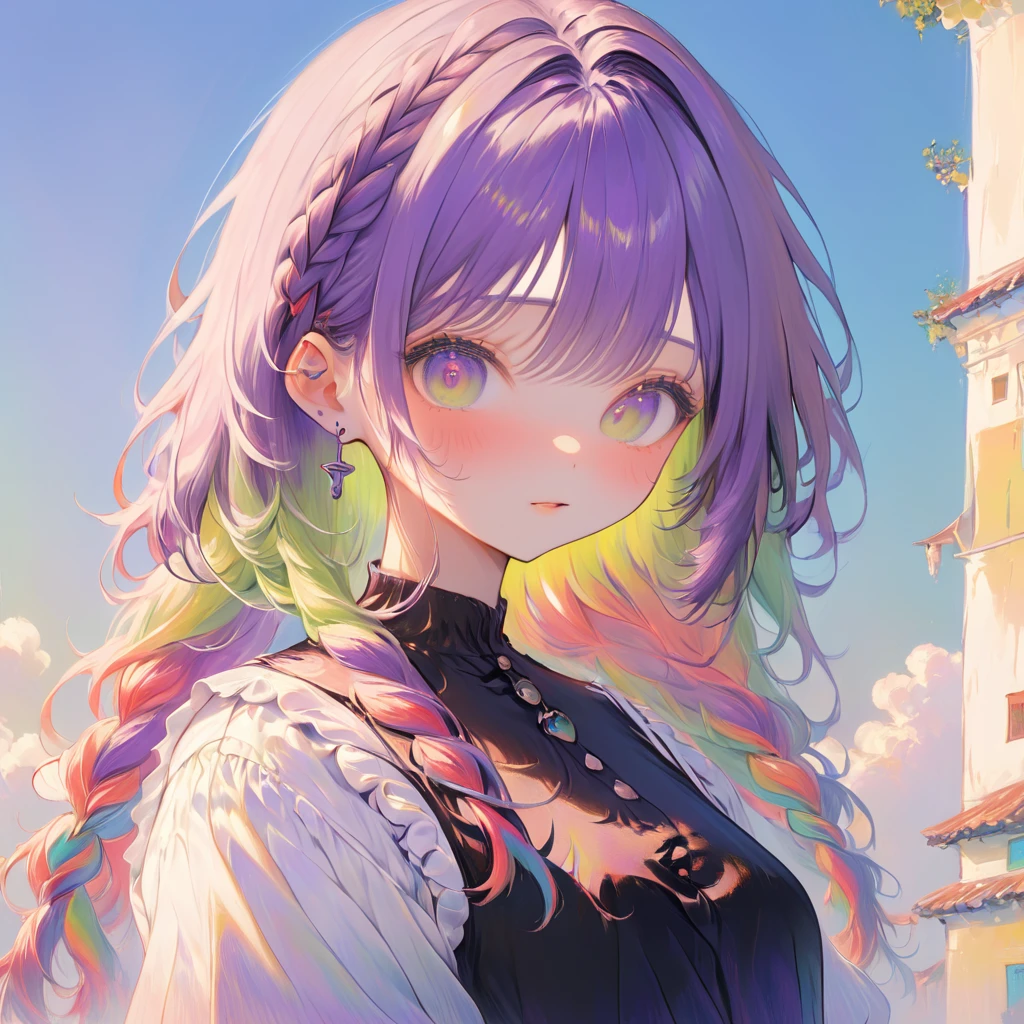 girl, octane render, best quality, 16k, masterpiece, best quality, ultra-detailed, illustration, thick strokes, beautiful girl oil painting, from side , lying on side , gym uniform buruma , chartreuse green color eyes, amaranth purple single braid hair forehead hairclip , hand on own stomach , perfect anatomy, perfect hand, vase mirror teaset, cheerful hand sign, perfect 5 fingers, perfect thumb, perfect anatomy, (city background:1.5)
