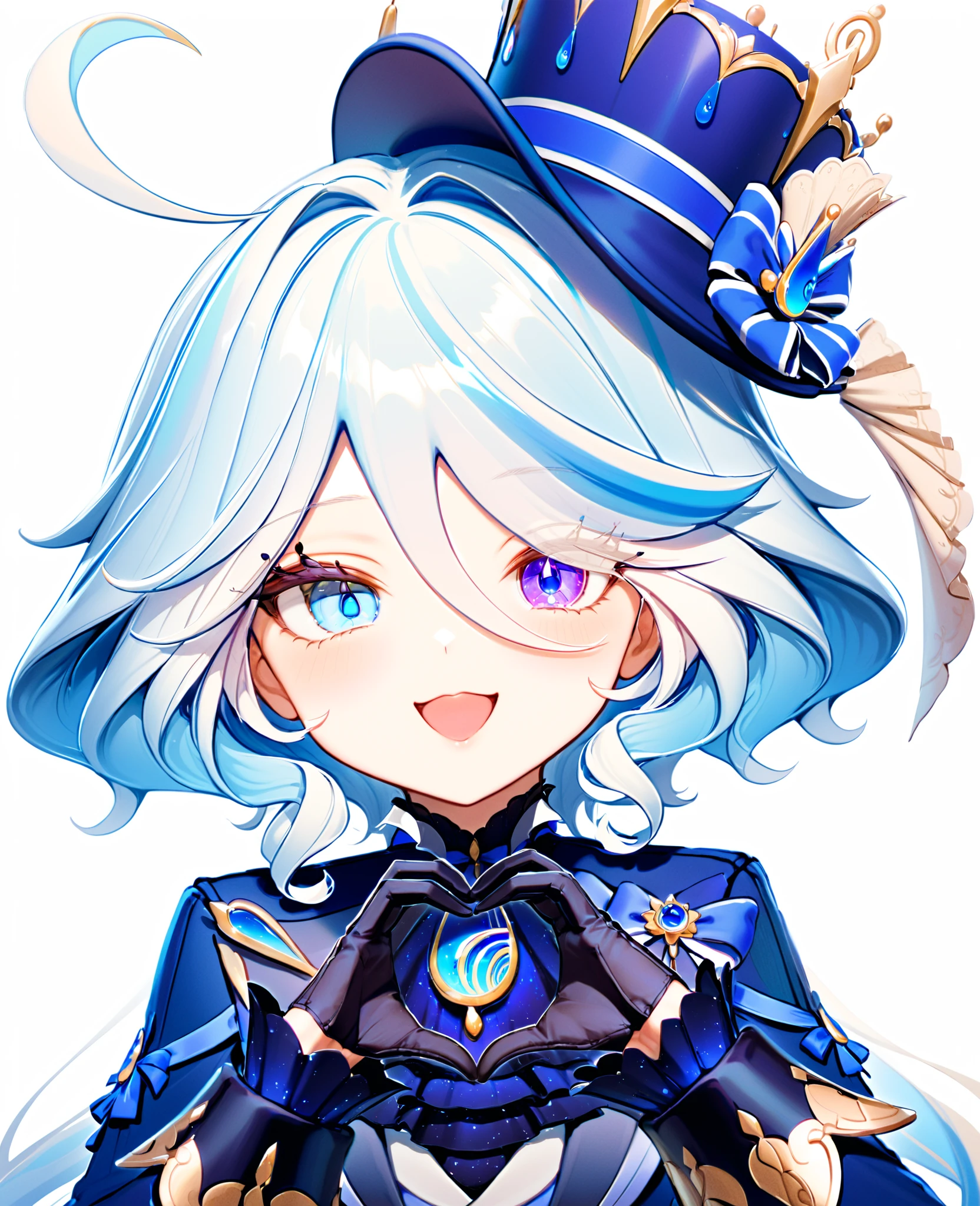 furina,1girl,solo,heart hands,looking at viewer,white background,simple background,open mouth,upper body,top hat,blue jacket,mismatched gloves,portrait,front view,heterochromia,jewelry,ascot,<lora:FurinaXL_v11-000006:1>,