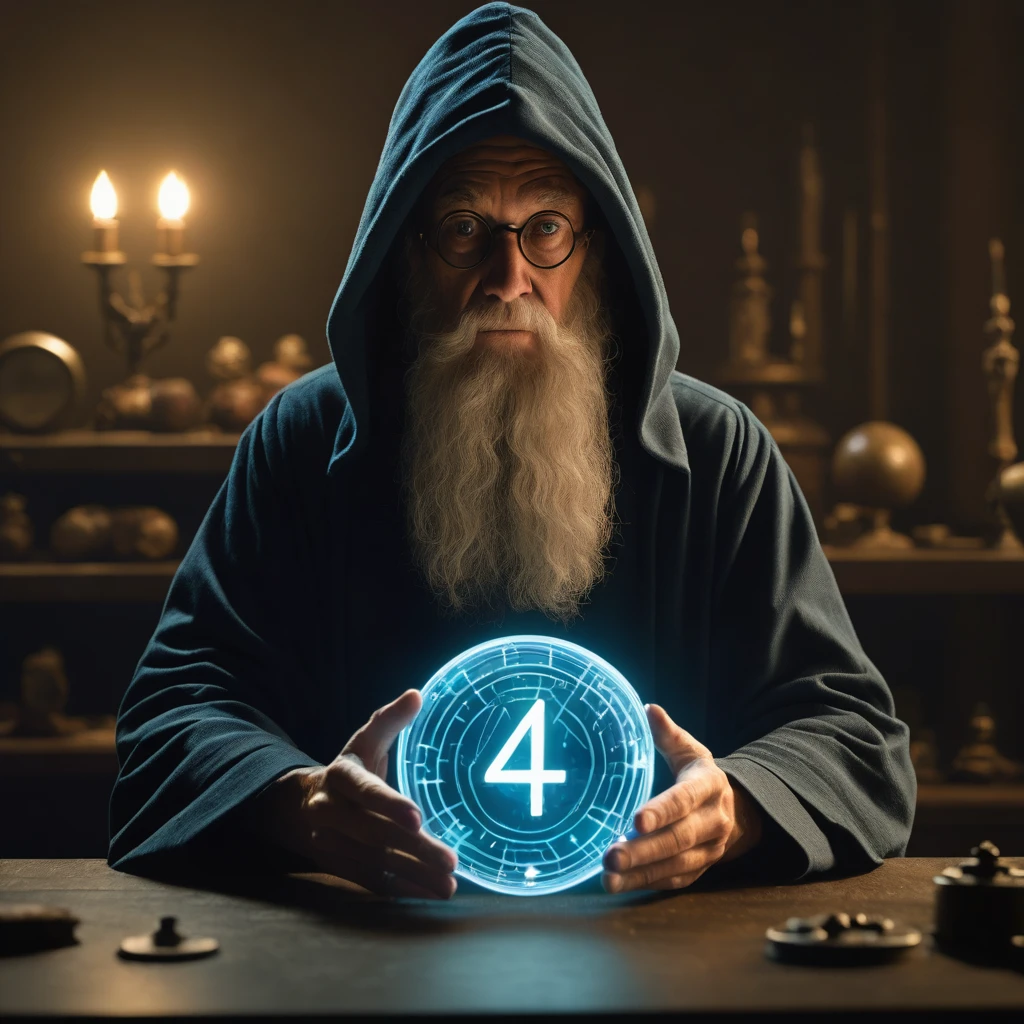 Cinematic film still of a wizard in his secret laboratory holding a magic ball that reads "4"