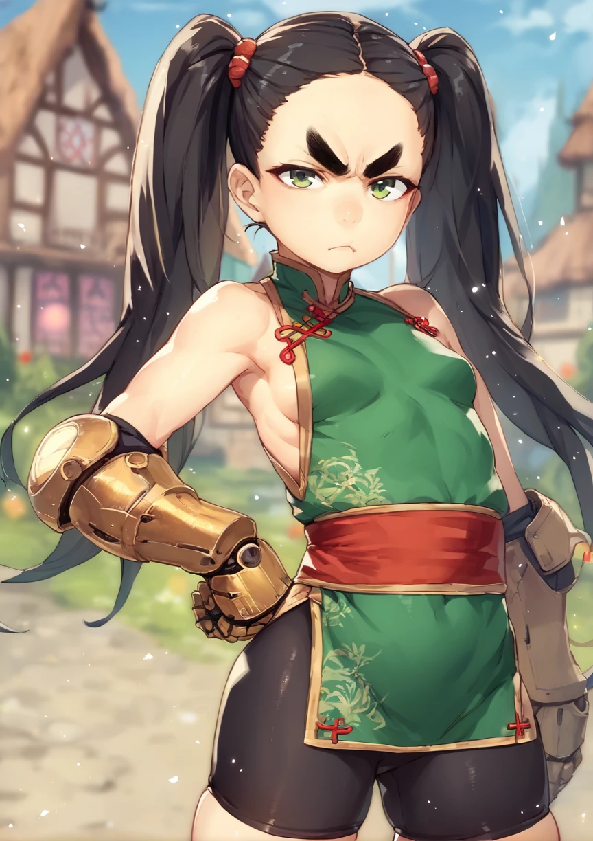 1girl, solo, black hair, green eyes, long hair, twintails. forehead, thick eyebrows, small breasts, hand on own hip, green top, chinese clothes, red obi, sideboob, bike shorts, skindentation, toeless footwear, big yellow mechanical gauntlets, tsundere, outdoors, medieval town, close-up <lora:tasaka_shinnosuke cyocyo:0.8>, score_9, score_8_up, score_7_up, score_6_up, score_5_up, score_4_up, BREAK source_anime, masterpiece