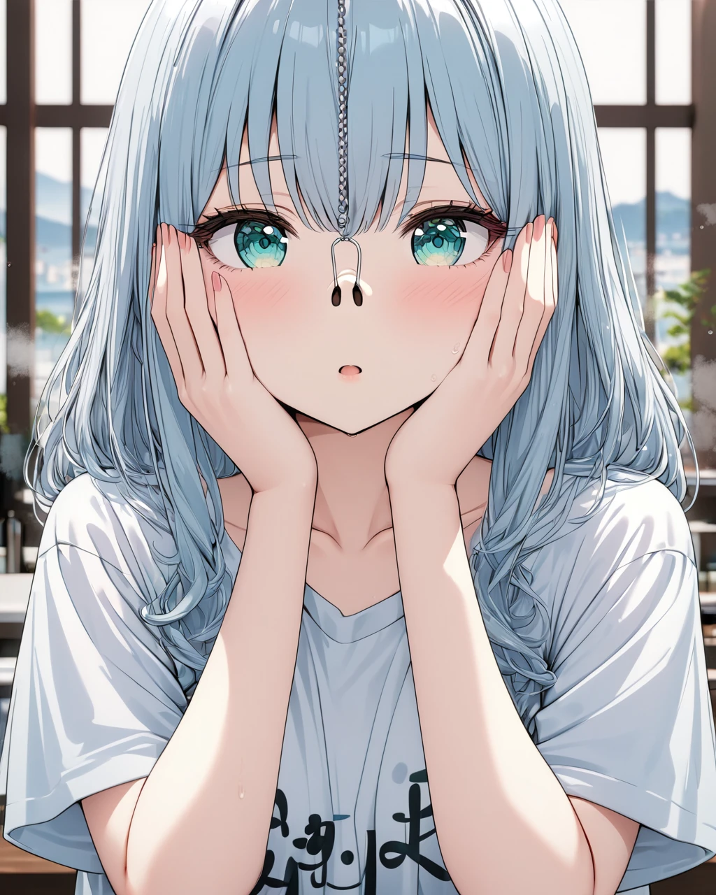 (8K, 16K,masterpiece, best quality, ultra-detailed),upper body,1 girl<lora:SDXL_nosehook_anime_v3-000012:0.85>urban,,,t-shirt,hands on front face