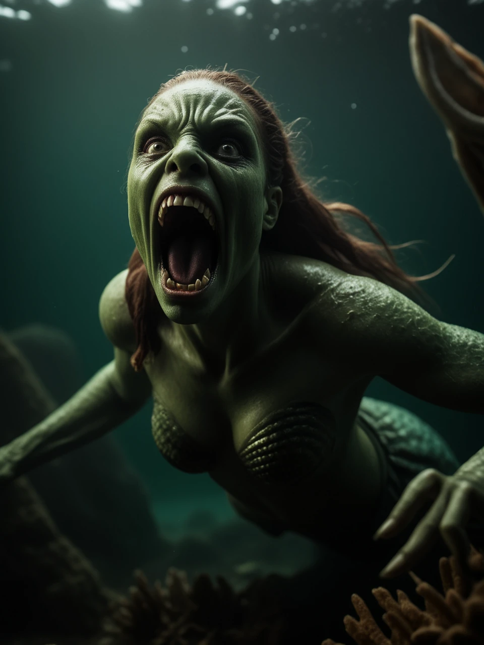 cinematic realism film scene still of a realistic, cinematic film still of underwater, attacking open mouth screaming horror mermaid, green skin alien, fangs, veil, fullbody merfolk ominous monster <lora:Terror_From_The_Deep0.8>, marine life, coral reef, flyweight, hdr, wide angle, night , vignette, highly detailed, key visual, hdr, beefy, simple background, by, form, cold orange green red theme, . assiduous, style of, expression, Mise-en-scene, Chiaroscuro, Strong Light and Shadow, Dramatic Contrast, a hilarious scene, unforeseen consequences, photography . 35mm f1.8 Macro, chiaroscuro, shallow depth of field, vignette, Mise-en-scene, detailed, cinemascope, moody, epic scene, best rendered work, 35mm, pristine movie