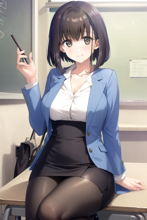((masterpiece)),(best quality),official art,extremely detailed CG,unity 8k wallpaper,ultra detailed,beautiful detailed eyes,extremely detailed face,classroom,1girl,solo,cowboy shot,looking at viewer,facing viewer,smile,Honomi Youko(hscweys),short hair,brown hair,shiny hair,brown eyes,hair intakes,bangs,collarbone,jewelry,blue jacket,short jacket,open jacket,dress shirt,collared shirt,white shirt,long sleeves,large breasts,pencil skirt,black pantyhose,high heels,<lora:Honomi Youko(hscweys)>,