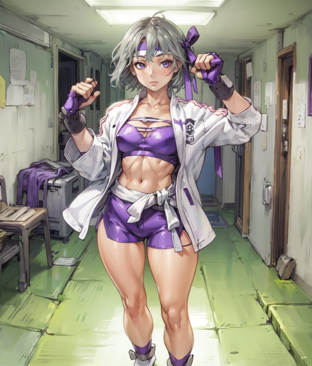 Masterpiece. 1girl, solo, short hair, gray eyes, gray hair, headband, white jacket, purple sports bra, purple bike shorts, fingerless gloves, standing, slippers, indoors, dojo <lora:Ooyama Rin:1>, score_9, score_8_up, score_7_up, score_6_up, score_5_up, score_4_up, BREAK source_anime, masterpiece