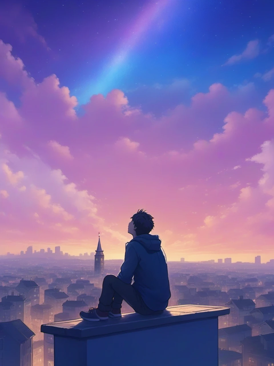 sitting on top of building, 1boy, himney, gradient_sky, house, rocket, american_flag, lamppost, town, christmas_tree, solo, cloudy_sky, sunrise, hood, reindeer, dust, winter, ferris_wheel, window, above_clouds, purple_sky, fountain, tower, <lora:niniv2:0.7>