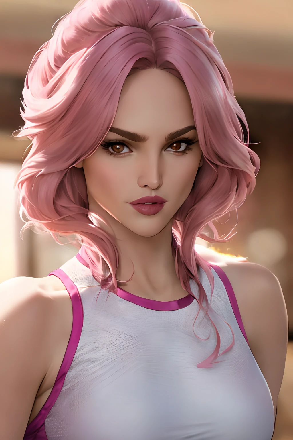 A portrait photo of a eiza gonzalez with pink hair in a yoga outfit, best quality, 8k uhd, detailed  <lora:eiza_gonzalez_v08:1>
