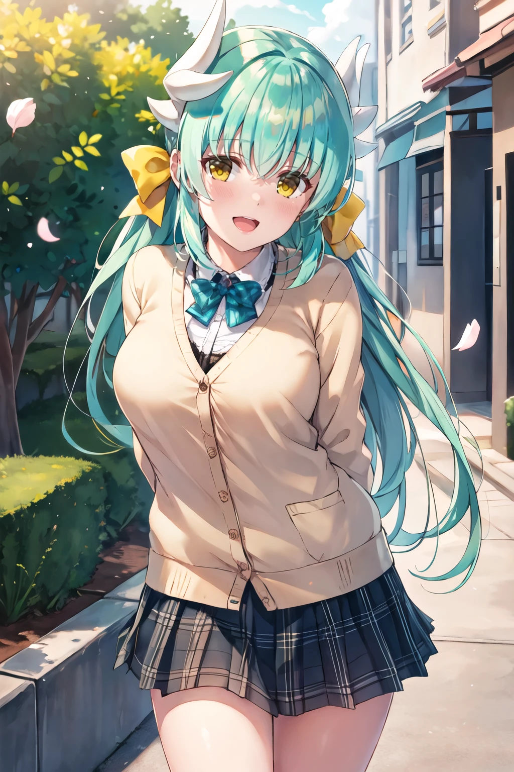masterpiece, best quality, highres, aakiyo, long hair, aqua hair, white horns, hair bow, yellow bow, yellow eyes, <lora:kiyohime_(lancer)_v1:0.7>, cardigan, plaid skirt, arms behind back, smile, open mouth, petals, outdoors, big breasts <lora:nanahachi-Style-000098:1>