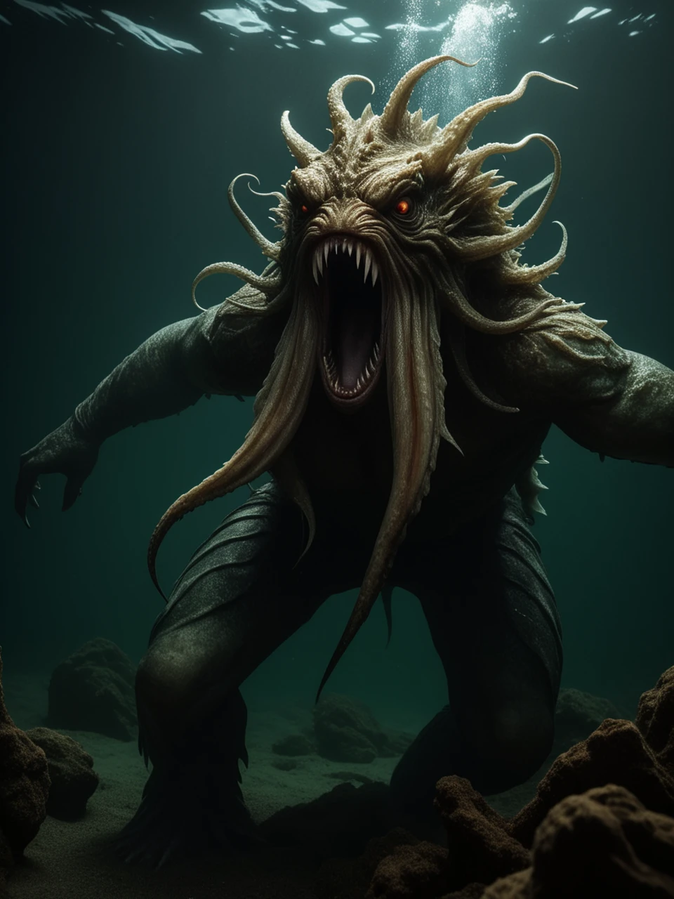 cinematic realism film scene still of a realistic, cinematic film still of underwater, attacking fullbody merfolk ominous monster( kraken:1.2) <lora:Terror_From_The_Deep0.85>, flyweight, hdr, wide angle, night , vignette, highly detailed, key visual, hdr, beefy, simple background, by, form, cold orange green red theme, . assiduous, style of, expression, Mise-en-scene, Chiaroscuro, Strong Light and Shadow, Dramatic Contrast, a hilarious scene, unforeseen consequences, photography . 35mm f1.8 Macro, chiaroscuro, shallow depth of field, vignette, Mise-en-scene, detailed, cinemascope, moody, epic scene, best rendered work, 35mm, pristine movie