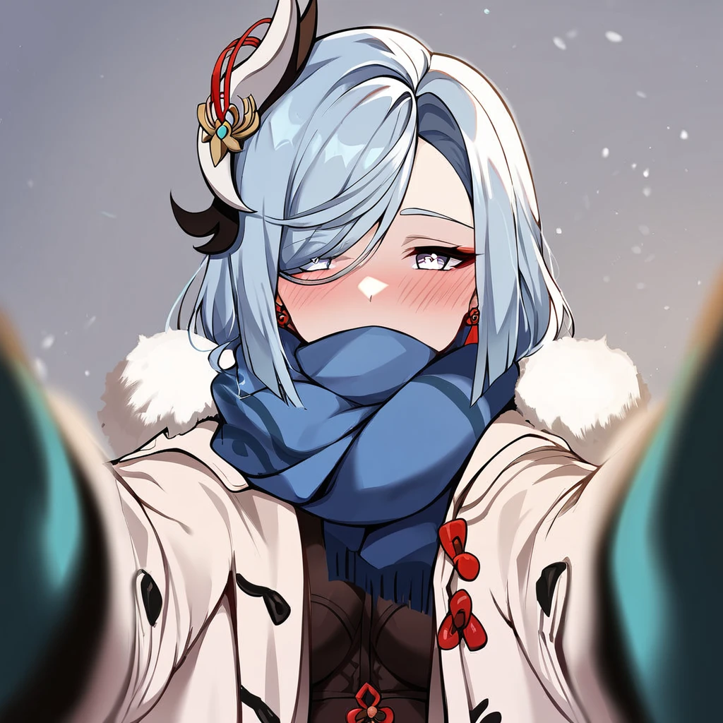 <lora:xl_pov_cheek_warming_(meme)_pony-000006:1>,scarf,looking at viewer,blush,winter clothes,coat,blurry,pov,shenhe \(genshin impact\),, score_9, score_8_up,