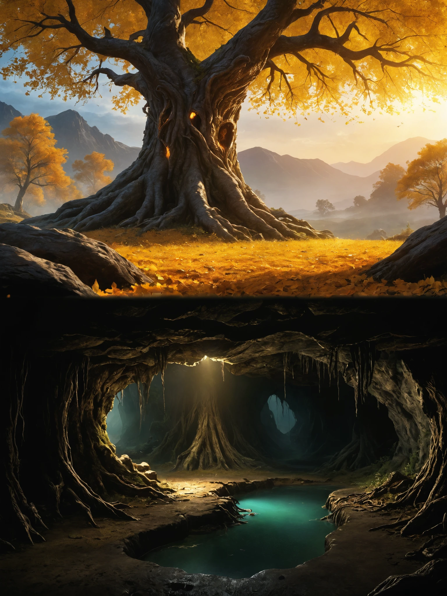 from side, epic fantasy landscape, elden ring, masterpiece, best quality, CG, wallpaper, HDR, high quality, high-definition, extremely detailed a golden tree, tree hollow, branches, golden falling leaves, no humans, from side, epic fantasy landscape, elden ring, masterpiece, best quality, CG, wallpaper, HDR, high quality, high-definition, extremely detailed (underground cave system, from side:1.2), (mud, stagnant water), csu, cross-section, underground, burrow, cave, darkness, corruption, rot, dimly lit, roots, from side, epic fantasy landscape, elden ring, masterpiece, best quality, CG, wallpaper, HDR, high quality, high-definition, extremely detailed
