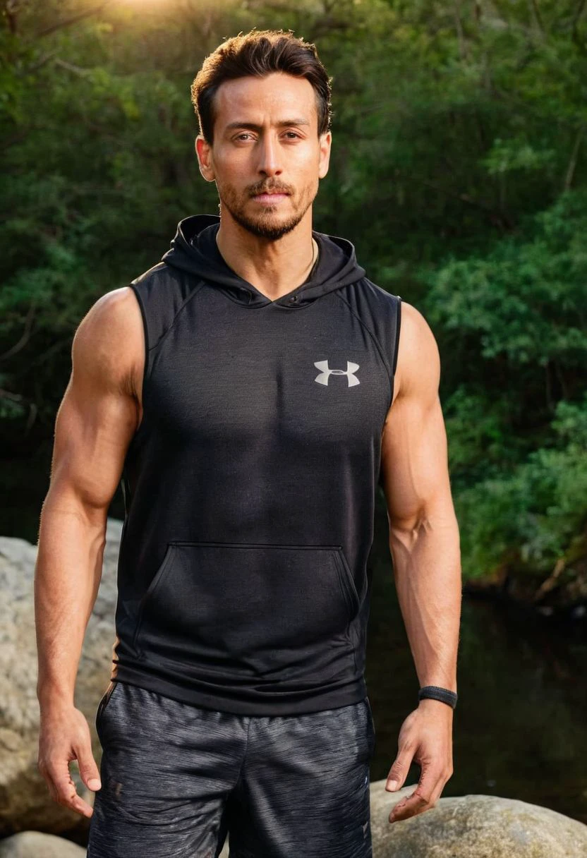 photo of Jason Reitman a man <lora:tiger-Jason-Reitman:0.8>, wearing a sleeveless well-fitted under armour hoodie and compression shorts, standing on a boulder, outdoor trail, 35mm photograph, film, bokeh, professional, 4k, highly detailed, creek in the background, natural lighting, golden hour