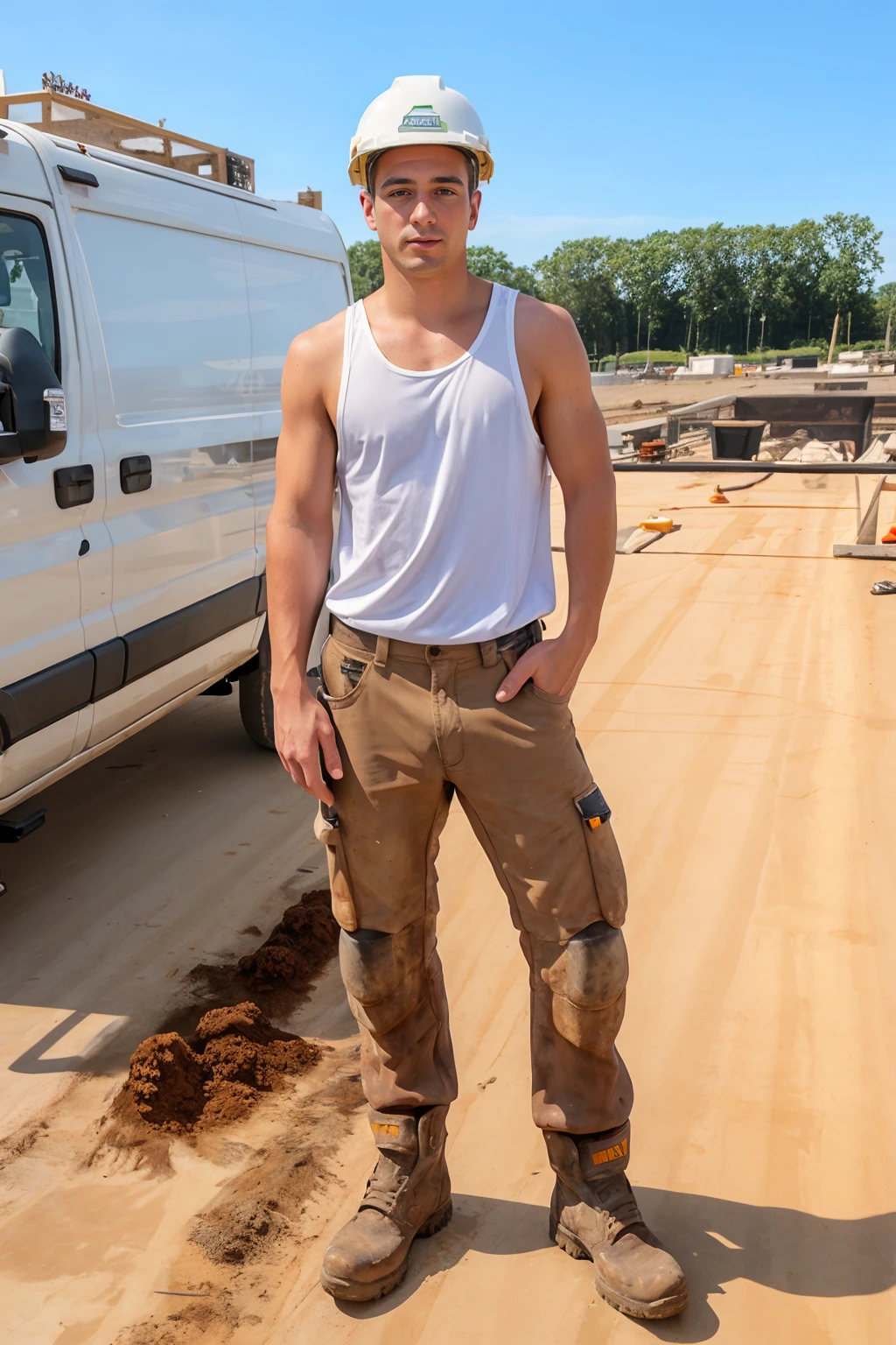 standing next to a van at a construction site, LukeDesmond is a construction worker, wearing white tank top, dirty work trousers, tan work boots, hard hat, (((full body portrait))), wide angle <lora:LukeDesmond:0.85> <lora:workTrousers:0.7>
