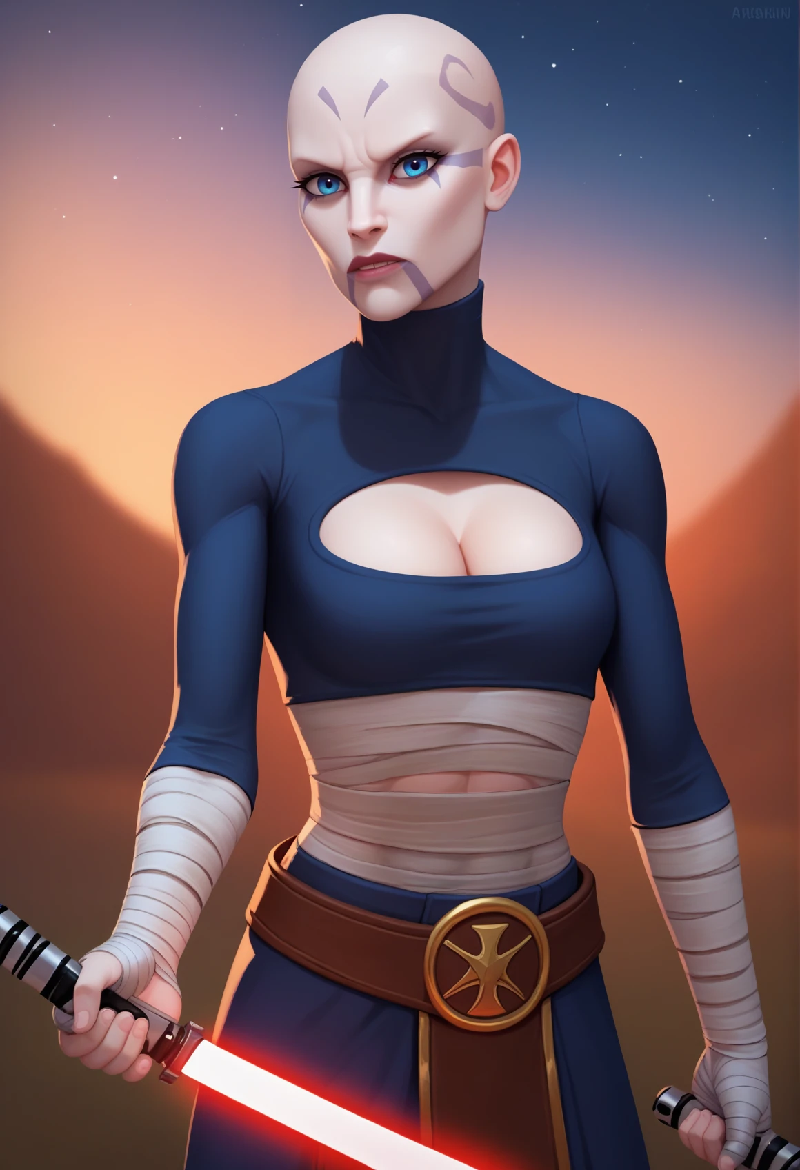 score_9, score_8_up, score_7_up, 1girl, solo, Asajj, blue eyes, grey skin, bald, facial mark, <lora:AsajjVentressPDXL_V1-Manityro-adamw:1.0>, outdoors, night, starry sky, looking at viewer, toned, outfit1, cleavage cutout, bandages, shrug \(clothing\), belt, skirt, holding lightsaber, energy sword, fighting stance, three-quarter view,