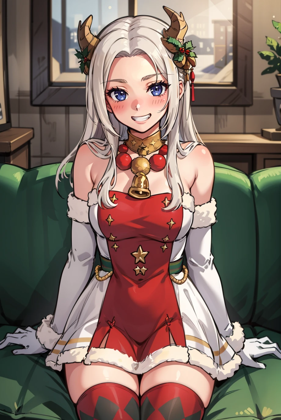 (masterpiece, best quality:1.2), 1girl, cowboy shot, looking at viewer, grin, blush, arms down, xmasEdelgard, hair ornament, horns, white gloves, short dress, fur trim, neck bell, thighhighs, argyle legwear, indoors, couch, cozy, christmas