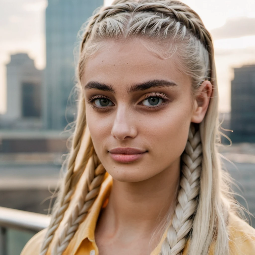 (Skin Texture, pores, natural,iPhone,RAW)), natural lighting, Highest Quality (closeup) Portrait photo of a woman with long braided platinum blonde hair, Nikon Z9, realistic matte skin, blurry city in the background, 8K, ((looking straight at the camera)), <lora:tayhill_xl_1_standard_merger_26_42_96_04_03_03:1>, perfect eyes