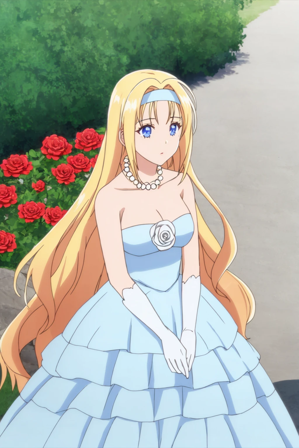 sysdeep_drelise 1girl, solo, long_hair, blue_eyes, blonde_hair, gloves, dress, bare_shoulders, jewelry, very_long_hair, flower, hairband, outdoors, alternate_costume, white_gloves, necklace, white_dress, strapless, headband, blue_dress, rose, parody, red_flower, strapless_dress, red_rose, white_hairband, pearl_necklace