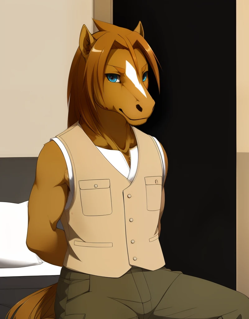 (((detailed eyes, detailed face))), (furry, akira <lora:character_akira_findigo_v2:1>, brown hair, chest hair, facial mark, horse boy), male, (solo), (plump), (brown vest, sleeveless, green pants), sitting, (arms behind back), smile BREAK (konzaburou, ukan_muri, cute), bedroom, (flat shading, flat color, high brightness), 8k, UHD, masterpiece, (full body)