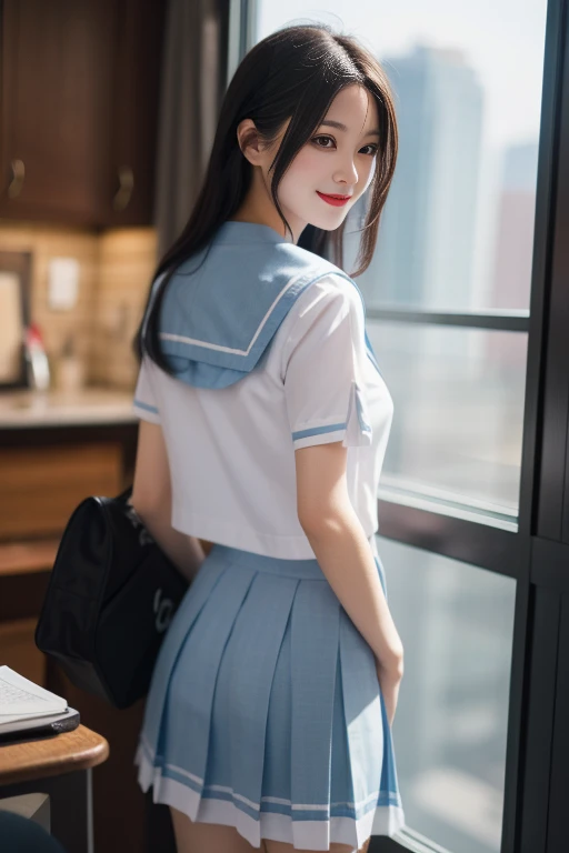 ltra-detailed,highly detailed,best quality,masterpiece,illustration,realistic,photorealistic,
1girl, solo, cosplay,
kitauji high school uniform,
looking back, looking at viewer, smile, standing, cowboy shot,from behind,
<lora:kitauji high school uniform_v2_02:0.7>
