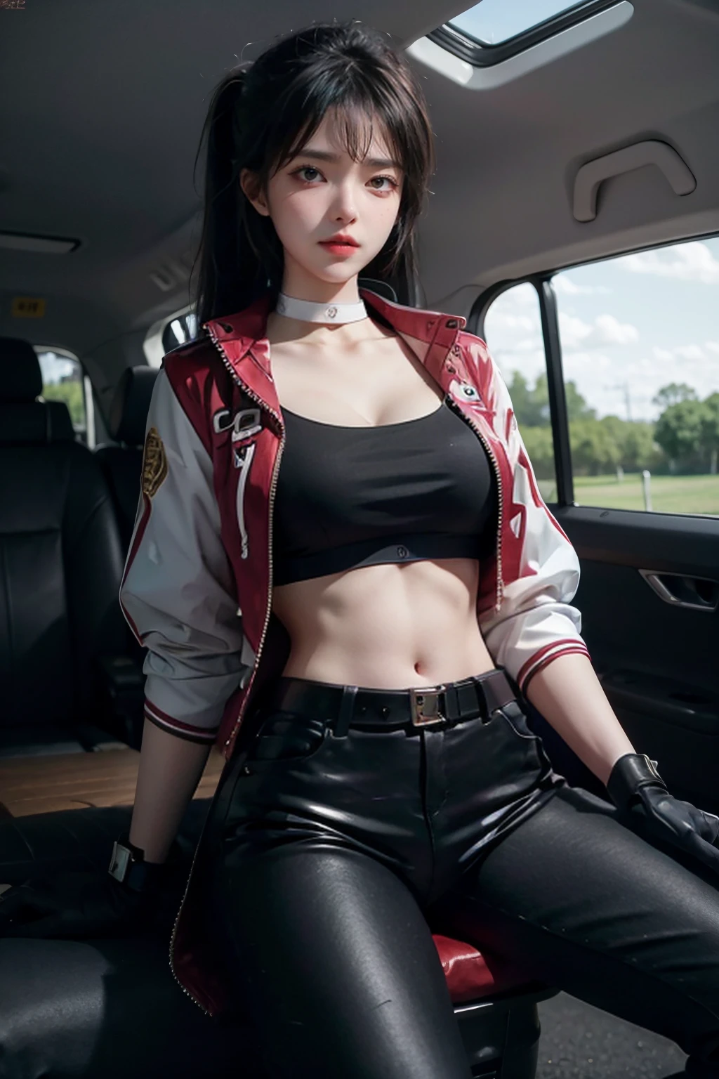baiyuekui,solo,outdoors,city,street,
((white choker,white sleeves)),ponytail,boots,fingerless gloves,(black crop top),pants,black pants,belt,red jacket,short jacket,
long legs,slim legs,large breasts,wasp waist,narrow waist,wide hips,pose,full body,
(realistic,photorealistic:1.4)(masterpiece,best quality,ultra detailed,highres,absurdres:1.2),
<lora:neg4all_bdsqlsz_V3.5:1>,<lora:ybaiyuekui_SD15_V5:0.6>,
