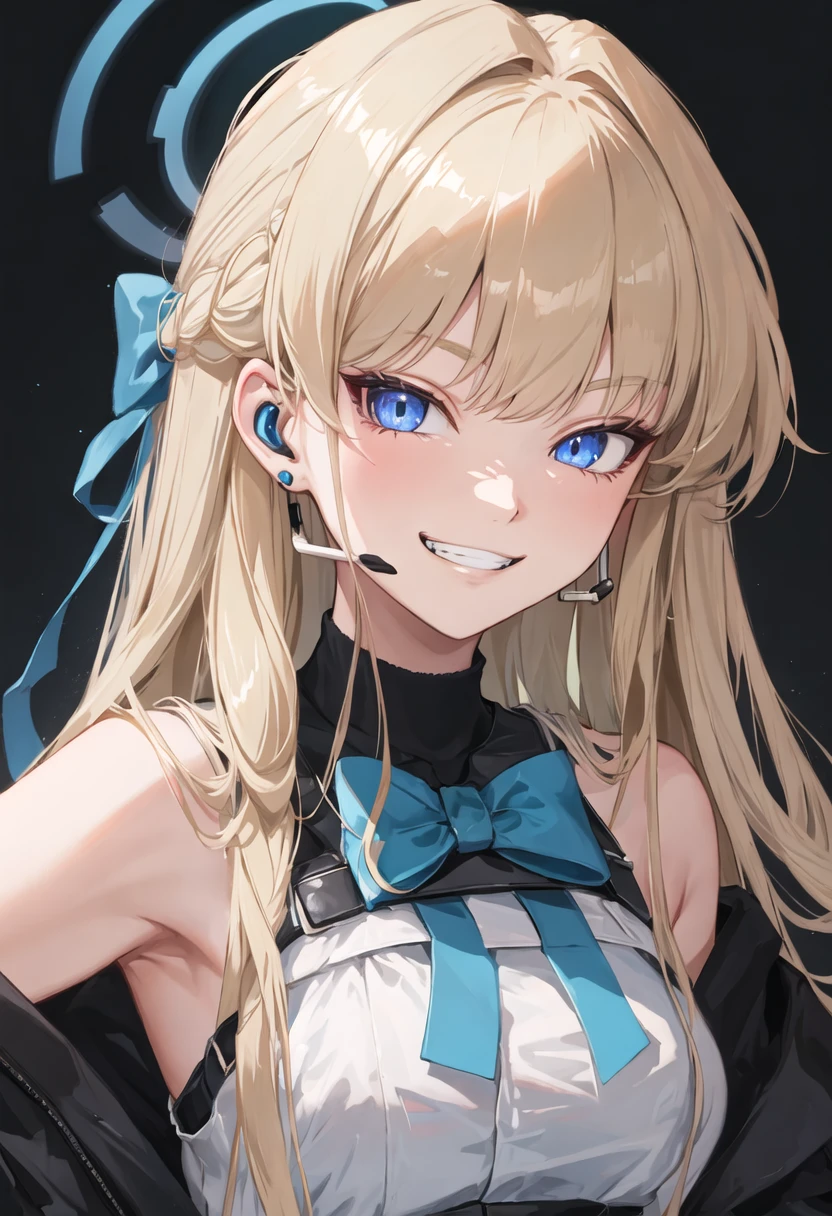 1 woman, long hair, light blonde hair, hair with light blue tips, light blue eyes, pink dress, (large breasts), tilted face, smiling, white background,chainsaw man style