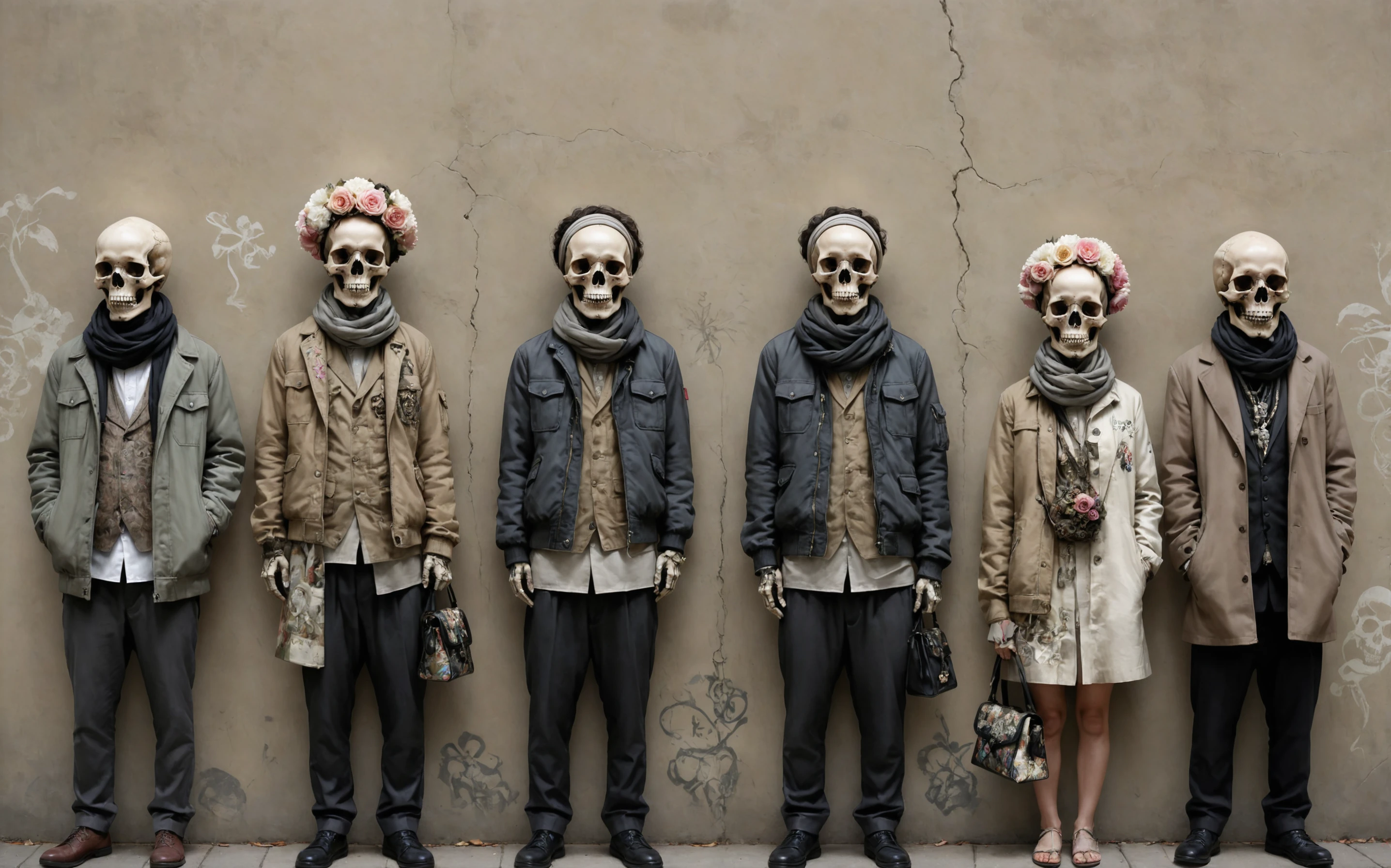 The art style is reminiscent of detailed Banksy-esque street graffiti, or political digital painting. The figures, especially their skulls, are depicted with realistic detail, while the attire and the setting introduce elements of fantasy and surrealism. The color palette is muted with earthy tones, which adds to the somber and contemplative mood of the piece.
The image features four figures standing side by side against a backdrop of what appears to be a weathered wall. Each figure is adorned with a unique headgear and attire, suggesting a variety of cultural or personal influences. The figures' heads are replaced by skulls, hinting at themes of mortality or the juxtaposition of life and death. Their clothing ranges from modern jackets and scarves to more traditional attire, and each has distinct accessories, such as flowers and bags.
The image exudes a somber and contemplative atmosphere. The presence of skulls, traditionally symbols of mortality, combined with the muted color palette and the posture of the figures, evokes feelings of introspection, reflection, and possibly the transient nature of life. The juxtaposition of modern and traditional elements in their attire may also suggest a blending of past and present, or the cyclical nature of life and death.