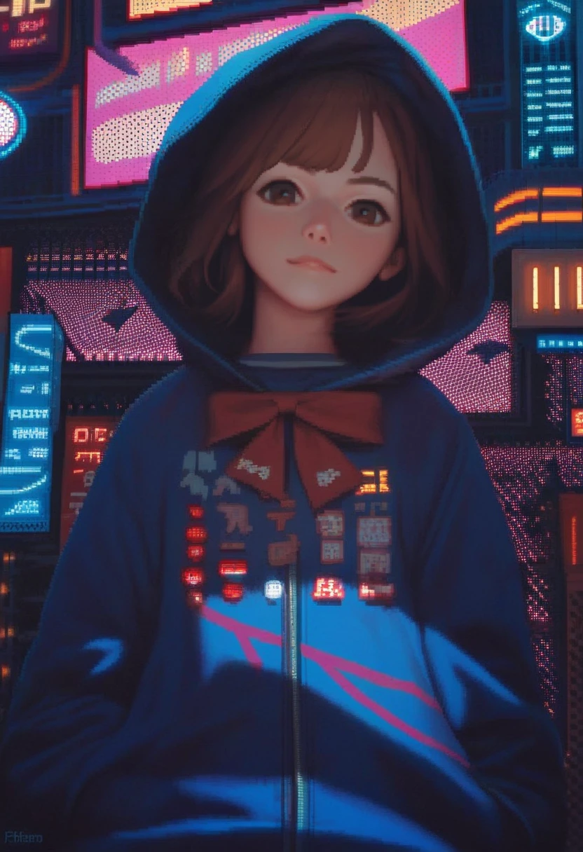 score_9, score_8_up, score_7_up, <lora:PixelART1:1>pixelart,pixel,1girl, solo, hood, brown hair, looking at viewer, bow,  bangs,  brown eyes, long sleeves, portrait,neon city,from below,
