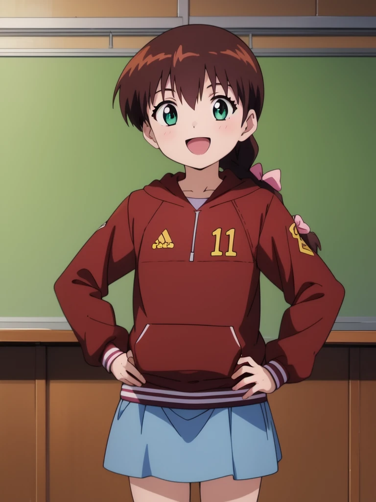 <lora:Miyanoshita_Satsuki:0.8> MiyanoshitaSatsuki, 1girl, solo, green eyes, brown hair, braid, skirt, smile, long hair, open mouth, hood, hands on hips, hoodie, indoors, looking at viewer, bow, jacket, hair bow, classroom, long sleeves, blue skirt, red hoodie, letterman jacket, single braid, red jacket, pink bow, :d, cowboy shot, masterpiece, high quality, very_high_resolution, large_filesize, full color, 2000s \(style\), anime, anime_screencap, animated gif, mp4 ,video, animated,