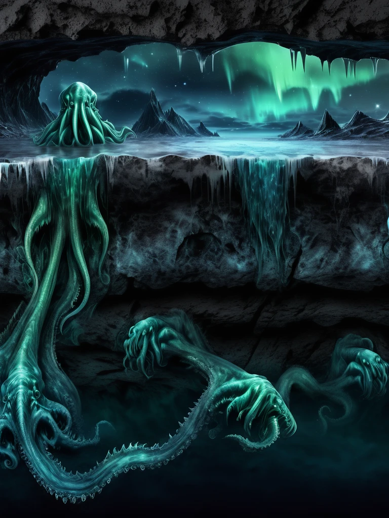 a view of the night sky, an ancient cosmic horror slumbers in a cave under the ice, csu, cross-section, underground, from side, cthulhu, aurora australis, aurora borealis, masterpiece, best quality, CG, wallpaper, HDR, high quality, high-definition, extremely detailed