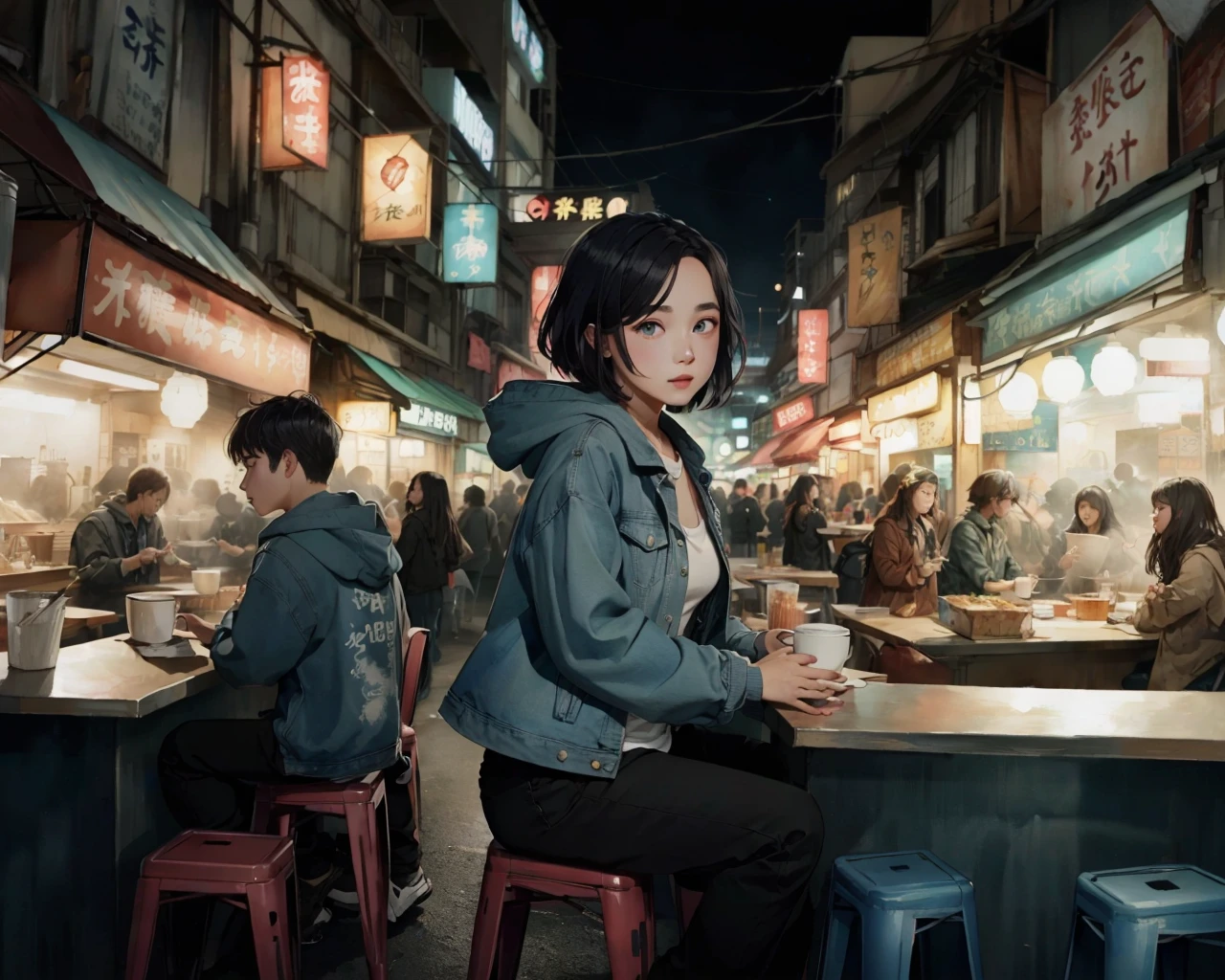 best quality,masterpiece,highly detailed,ultra-detailed,
<lora:neg4all_bdsqlsz_V3.5:-1>,
<lora:Taiwansnightmarkets:1>
Taiwans night markets, multiple boys, sneakers, stool, shoes, black hair, sitting, 2boys, cafe, pants, food, hood, white footwear, bag, jacket, short hair, restaurant, black pants, indoors, plaid, male focus, hoodie, bar \(place\), chair, cup <lora:cartoonisationer-V4-8:1> <lora:MinimalistA:1.75> minimalista,, 1girl, round neck Tank Top Khakis , Similar to chinos but often in a deeper khaki color. (Denim Jacket:1.3),Denim fabric,Blue or distressed variations Massive breasts ,, narrow waist, Pixie Cut with Shaved Patterns - Electric Blue , fantastic details full face, dot nose,detailed Cross-eyed, periwinkle iris, angled eyebrows, periwinkle beautiful Detailed Eyes, lips at Karaoke Bar - lively and fun, with sing-along music and enthusiastic crowds., (watercolor:1.16), soft lighting,