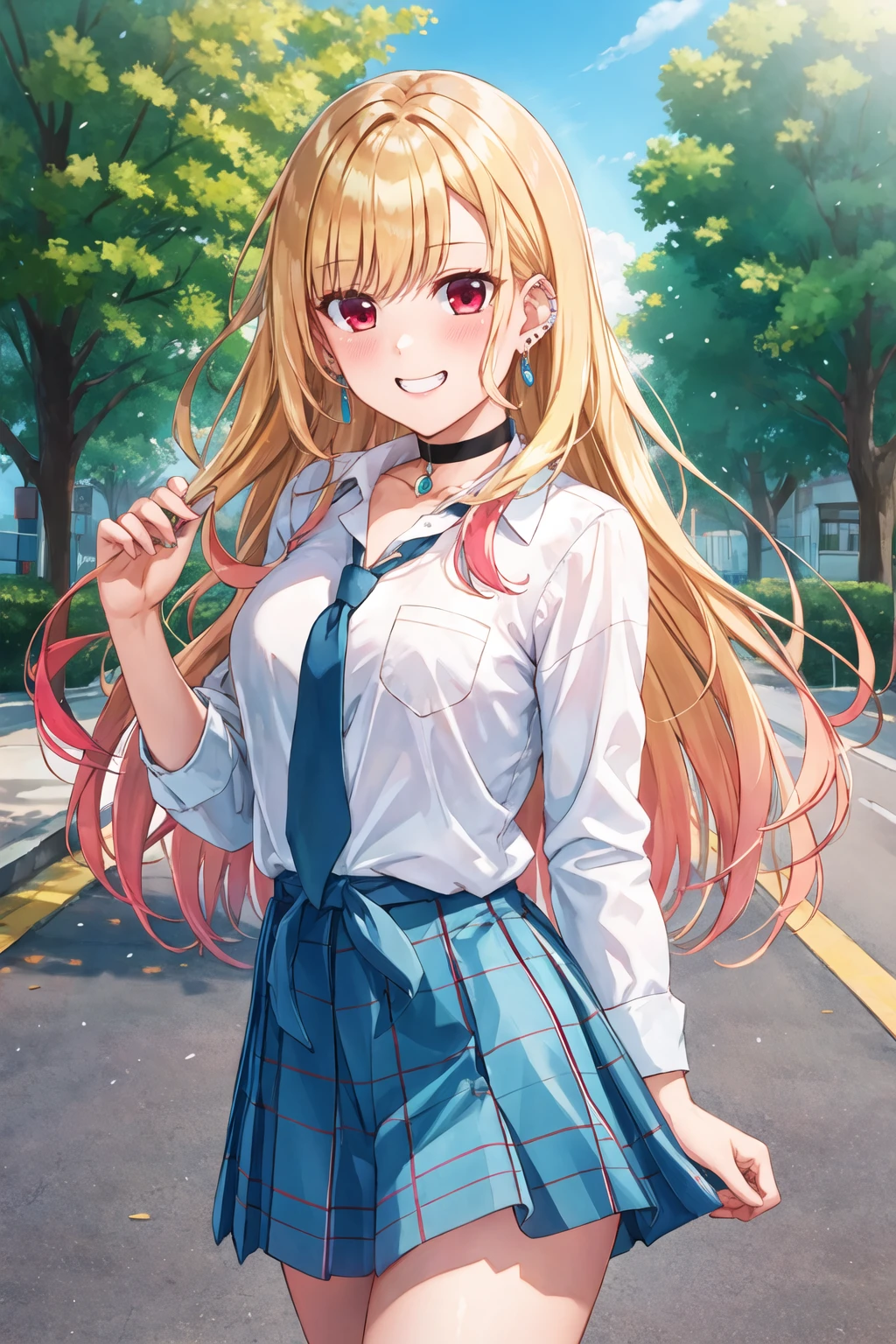 masterpiece, best quality, highres, kitagawa marin, 1girl, blonde hair, long hair, multicolored hair, red eyes, jewelry, earrings, piercing, school uniform, white shirt, tied shirt, black choker, blue necktie, plaid skirt, <lora:kitagawa_marin_v1-1:0.7>, grin, smile, standing, cowboy shot, outdoors, blue skirt <lora:nanahachi-Style-000098:1>