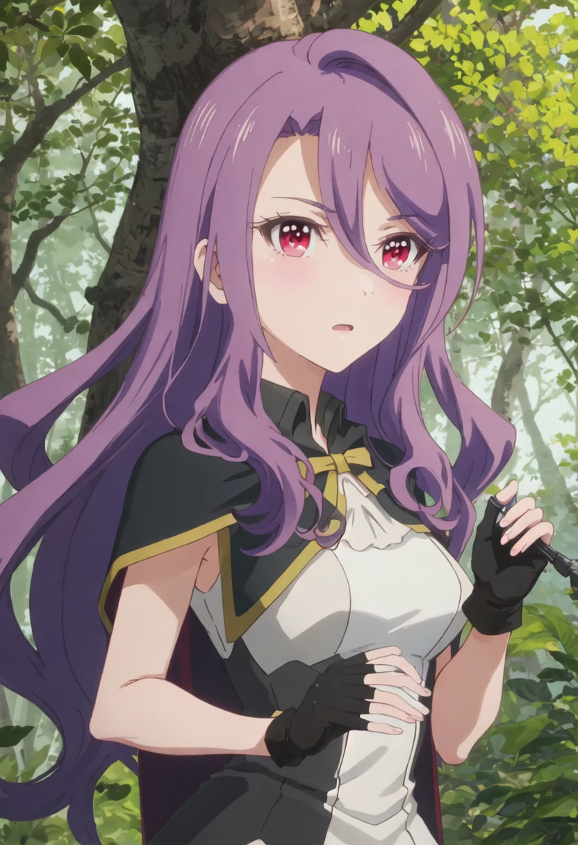 best quality, masterpiece, highres, solo, {emilia_lapisrelights:0.90}, 1girl, medium_breasts, black_gloves, capelet, fingerless_gloves, forest, sleeveless, tree, closed_mouth, dress, outdoors, upper_body, wavy_hair