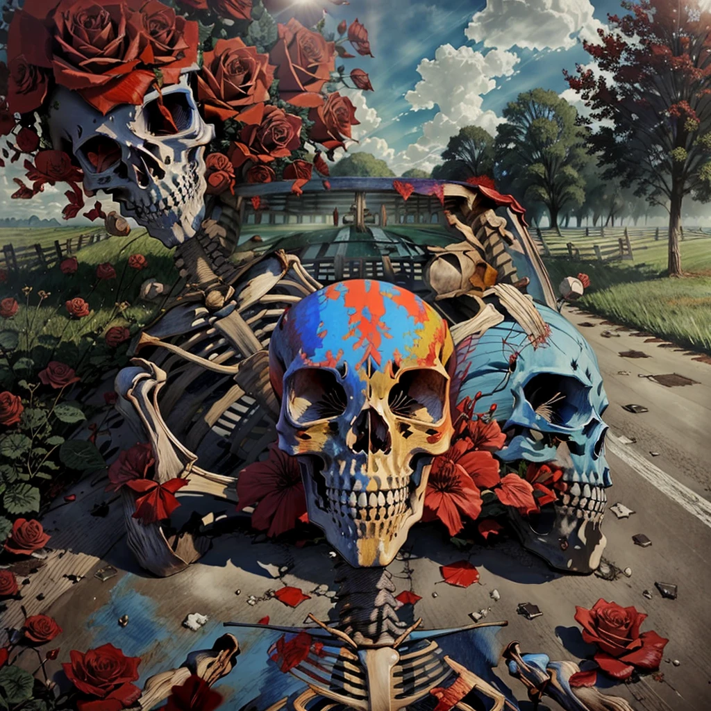GratefulAI ,beat up (skeleton:1.3) car, red roses, red white and blue paint, , bright and colorful, psychedelic, clear blue sky, summer day, god rays, bright green grass, light shafts, best quality, absurdres, hdr, bloom <lora:GratefulAI:.8>