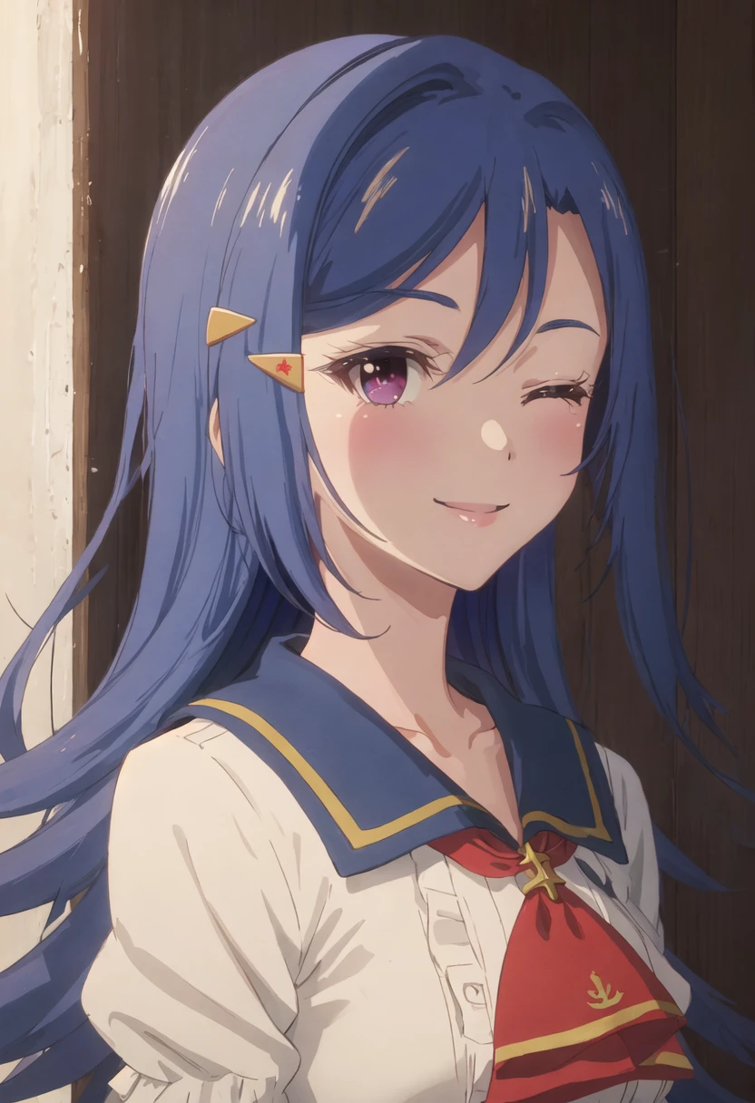 best quality, masterpiece, highres, solo, {rosetta_lapisrelights:0.90}, smile, happy, one_eye_closed, portrait, looking at viewer