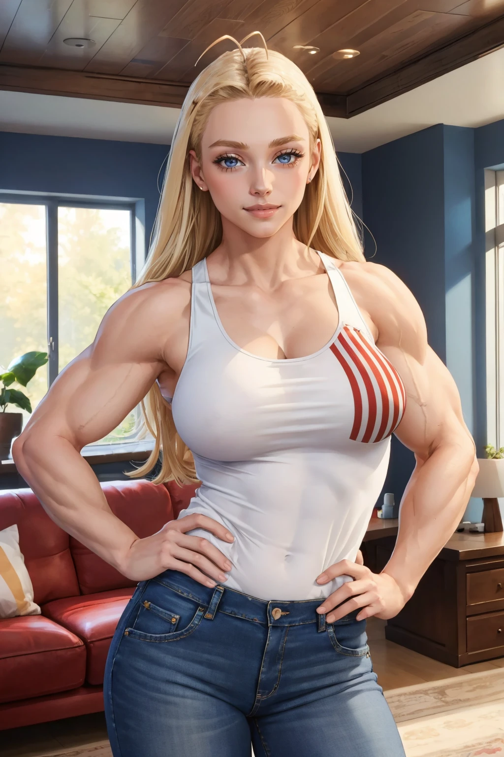 (masterpiece, best quality:1.2), solo, 1girl, starandstripe, muscular, smile, closed mouth, looking at viewer, hand on hip, antenna hair, white tank top, jeans, large breasts, indoors, living room <lora:mha_starandstripe:1>