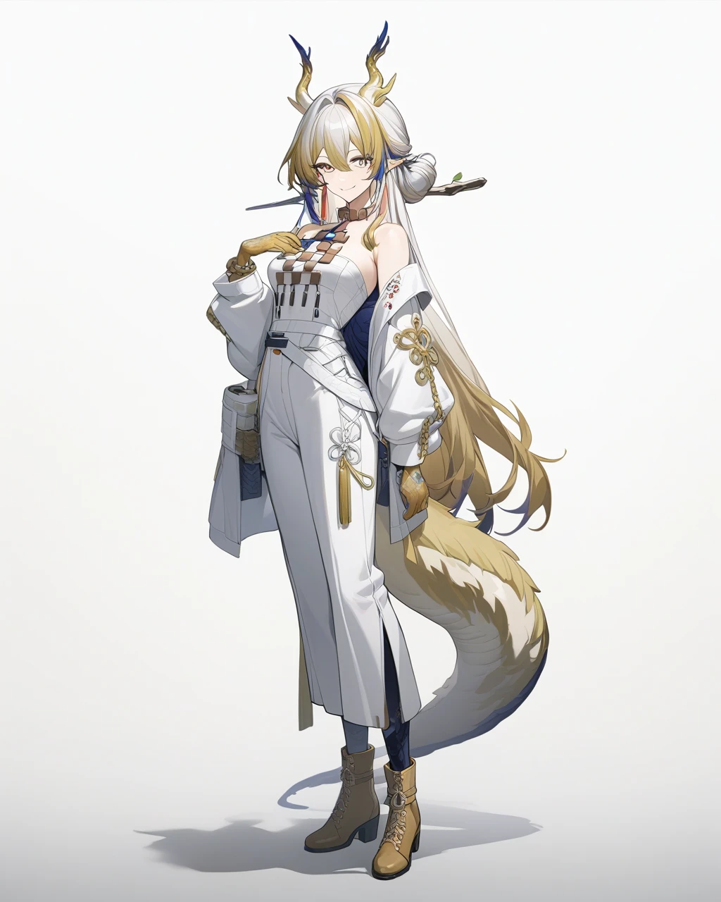 masterpiece,best quality,game cg,<lora:shu_new:1>,1girl,solo,tail,full body,looking at viewer,dress,white background,white dress,long sleeves,boots,hair bun,standing,smile,reverse gripï¼jewelry,